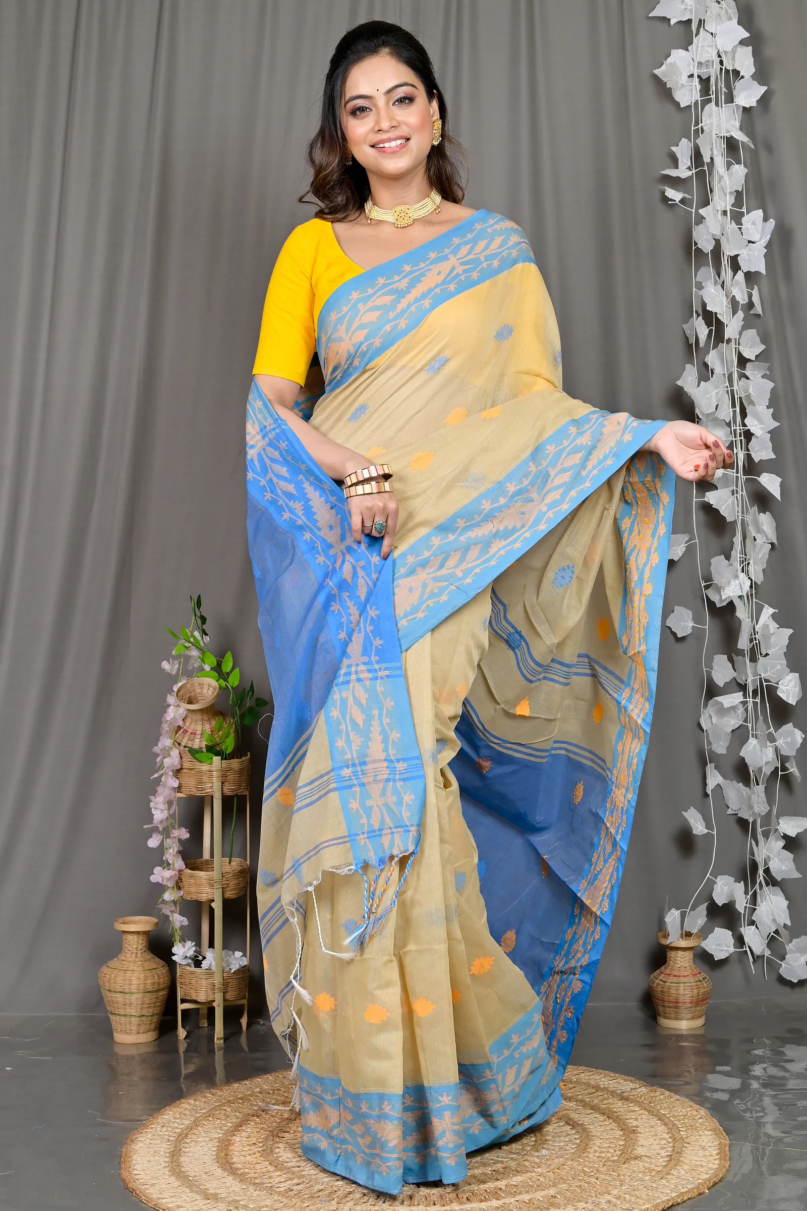 DipDiya Cotton Blended Brown Blue Parul Elegant by Tradition Handloom Sarees