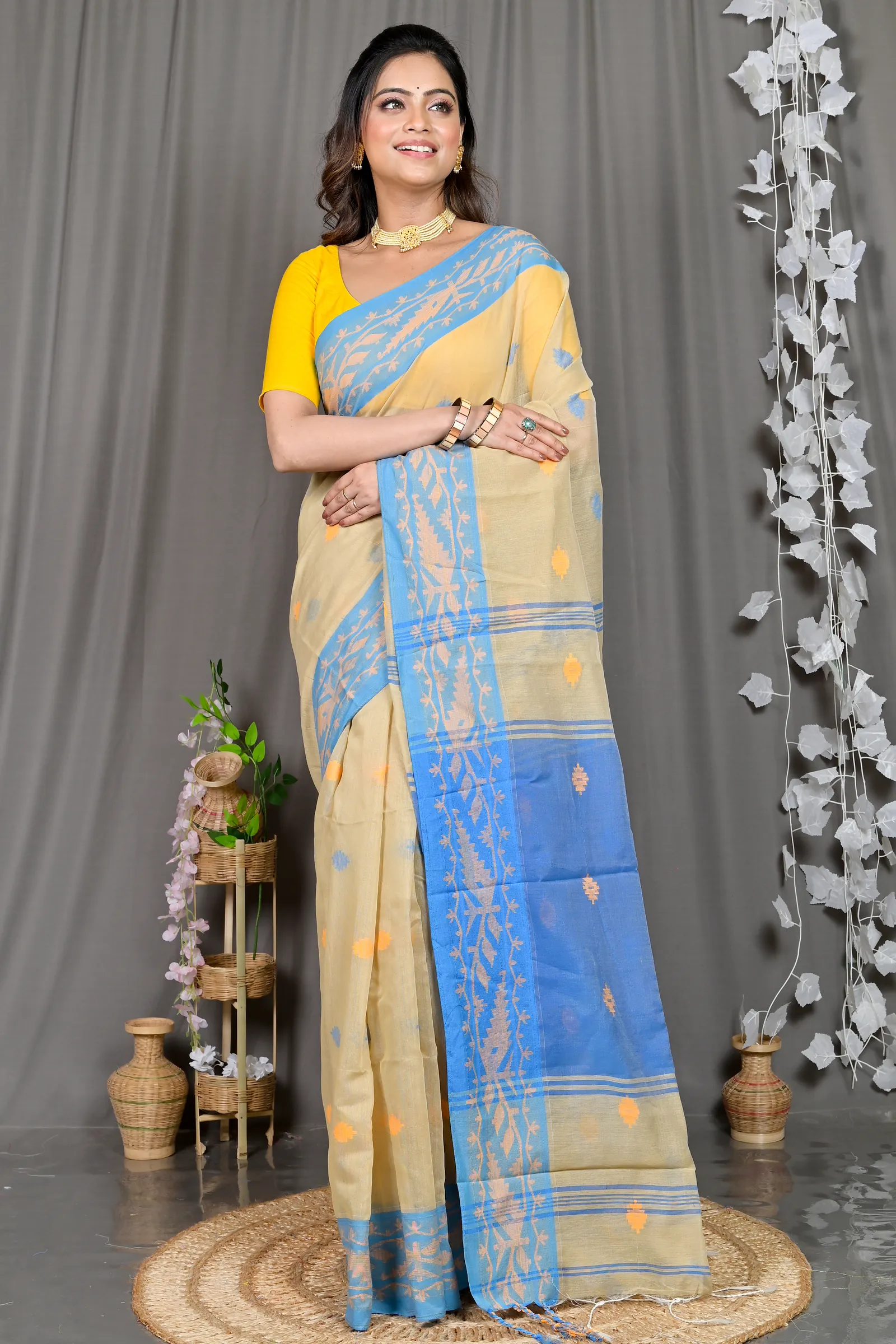 DipDiya Cotton Blended Brown Blue Parul Elegant by Tradition Handloom Sarees