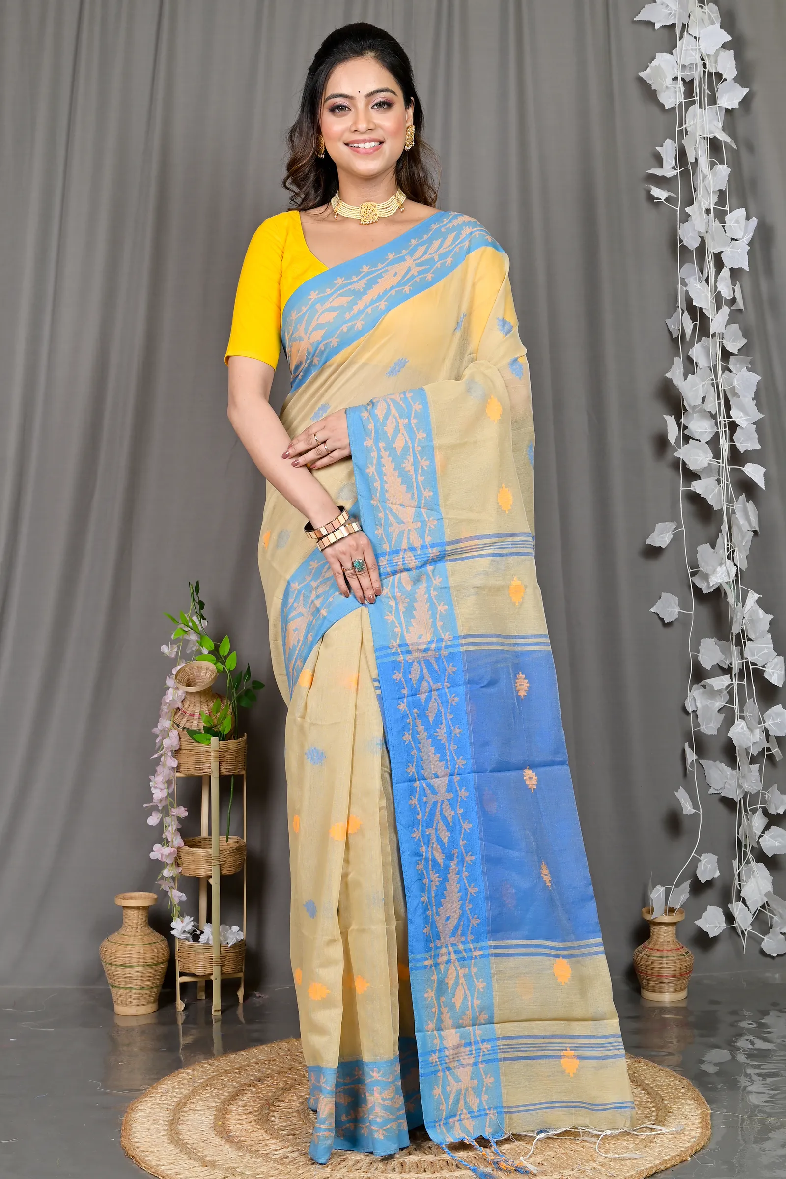DipDiya Cotton Blended Brown Blue Parul Elegant by Tradition Handloom Sarees