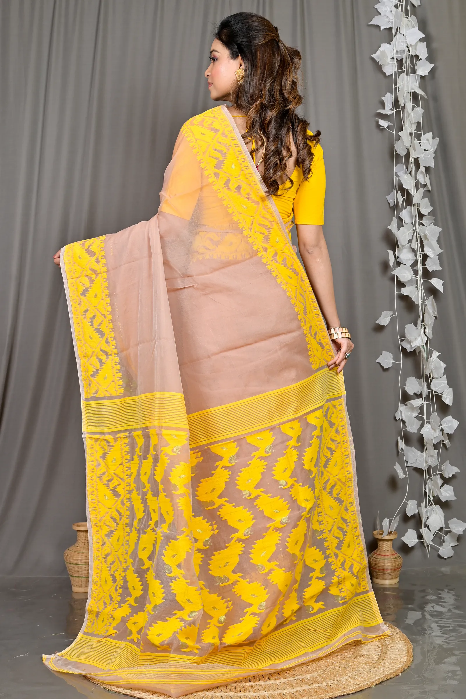 DipDiya Cotton Blended Brown Yellow Parv Pure Bengali Grace Jamdani Sarees