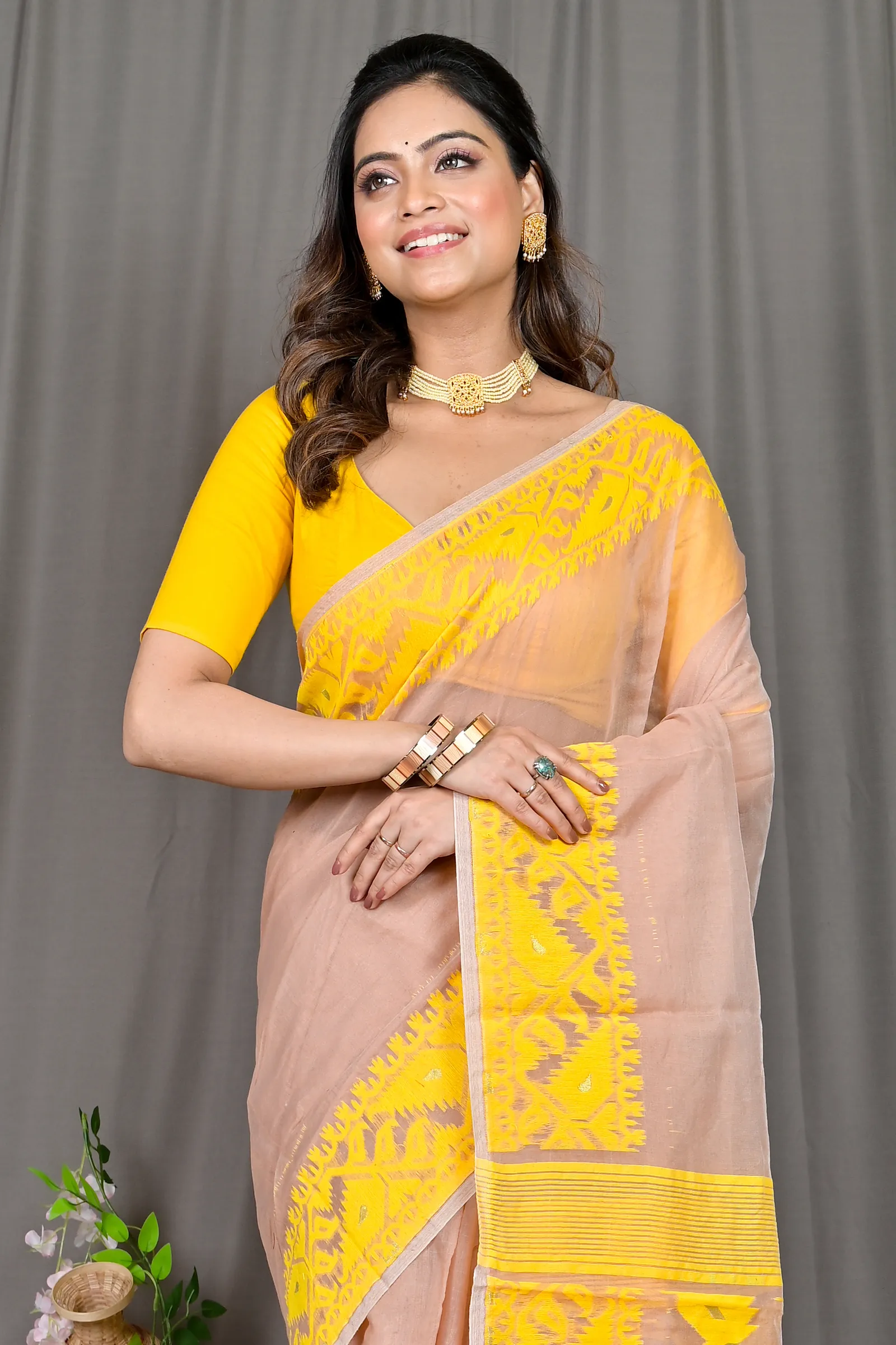 DipDiya Cotton Blended Brown Yellow Parv Pure Bengali Grace Jamdani Sarees