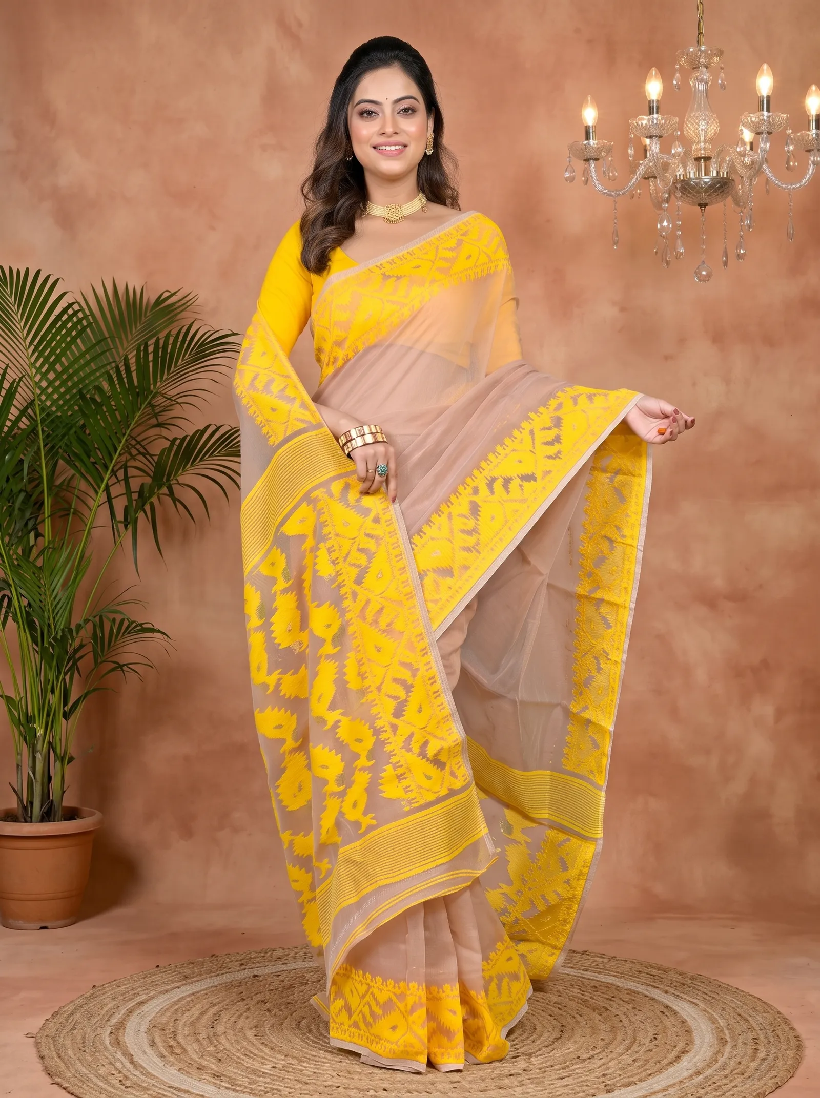 DipDiya Cotton Blended Brown Yellow Parv Pure Bengali Grace Jamdani Sarees