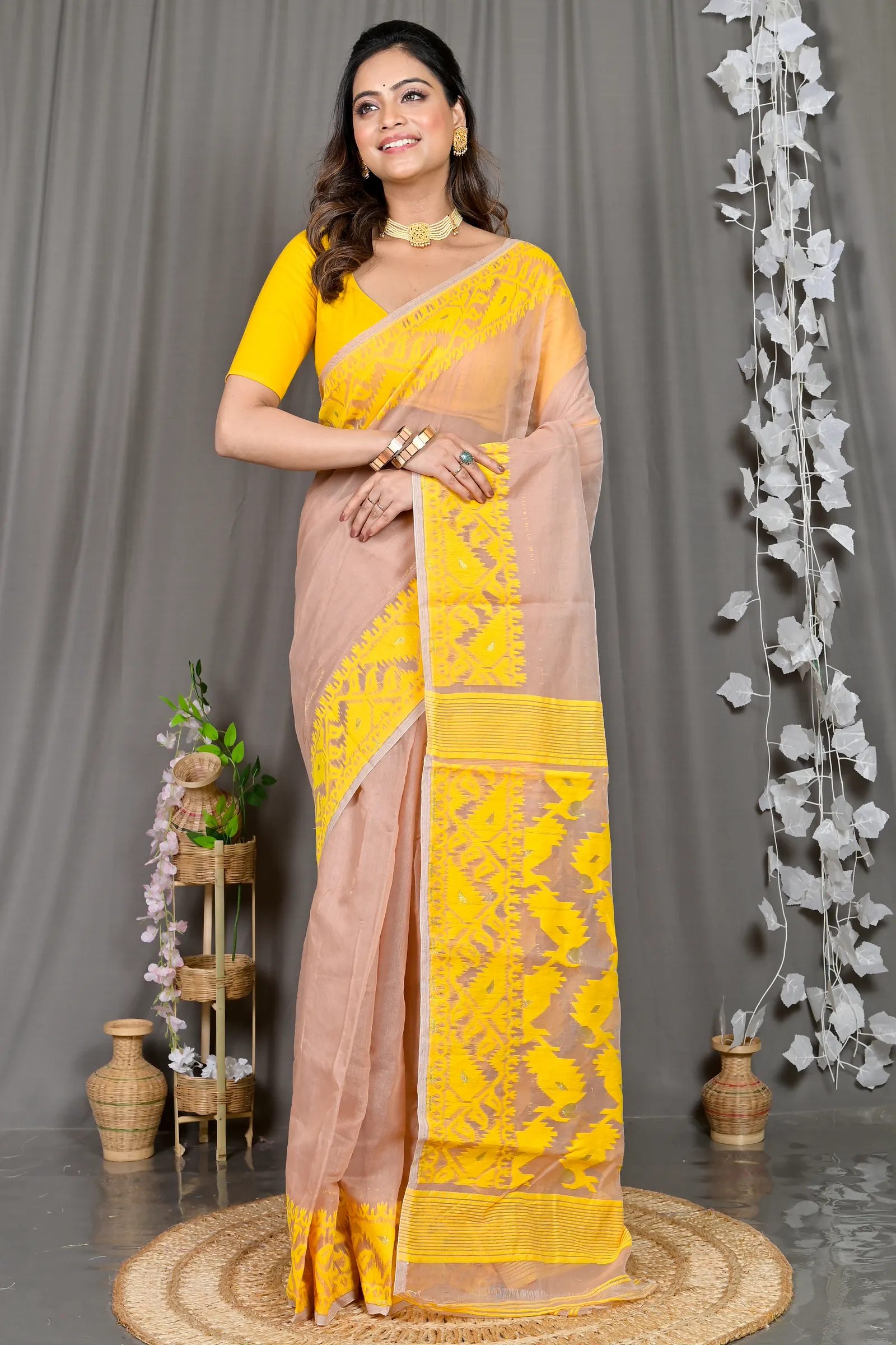 DipDiya Cotton Blended Brown Yellow Parv Pure Bengali Grace Jamdani Sarees