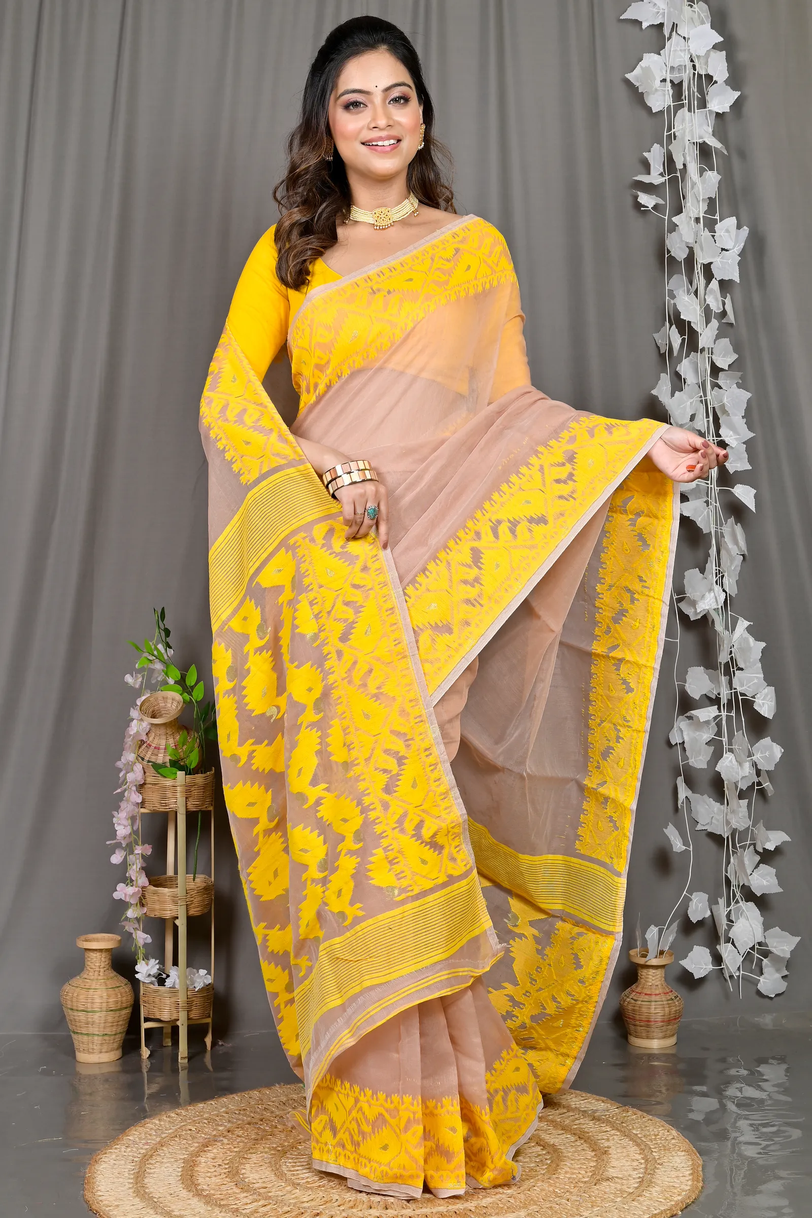DipDiya Cotton Blended Brown Yellow Parv Pure Bengali Grace Jamdani Sarees