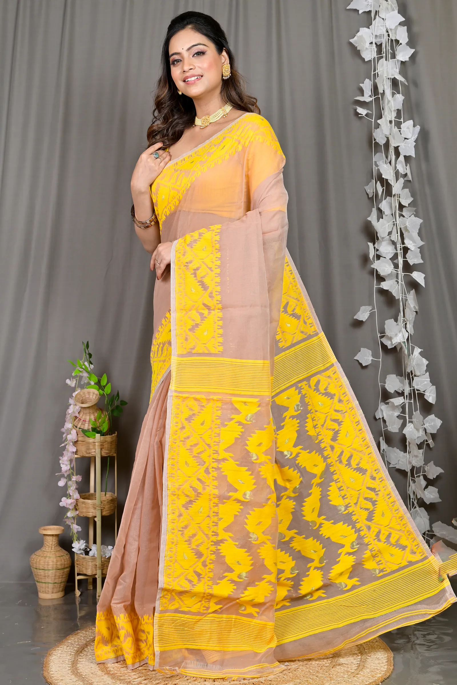 DipDiya Cotton Blended Brown Yellow Parv Pure Bengali Grace Jamdani Sarees
