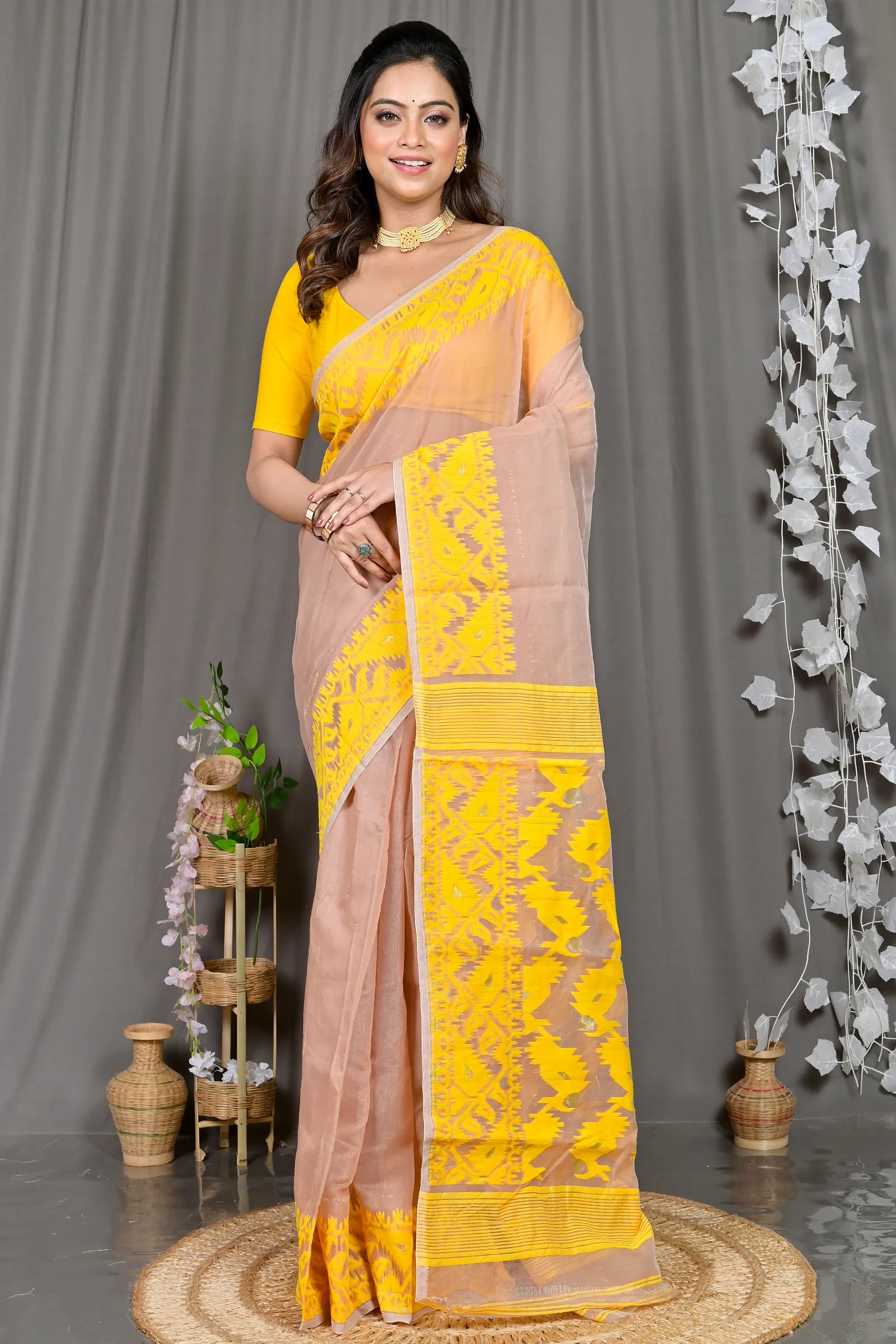 DipDiya Cotton Blended Brown Yellow Parv Pure Bengali Grace Jamdani Sarees