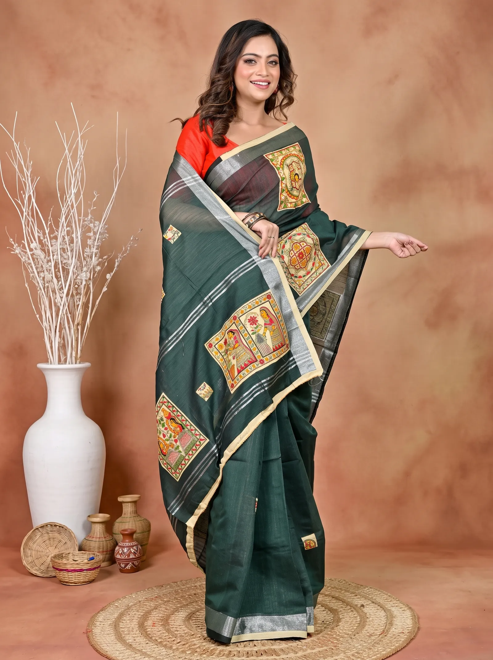 DipDiya Cotton Blended Dark Green Parija Pure Bengali Grace Applique Sarees
