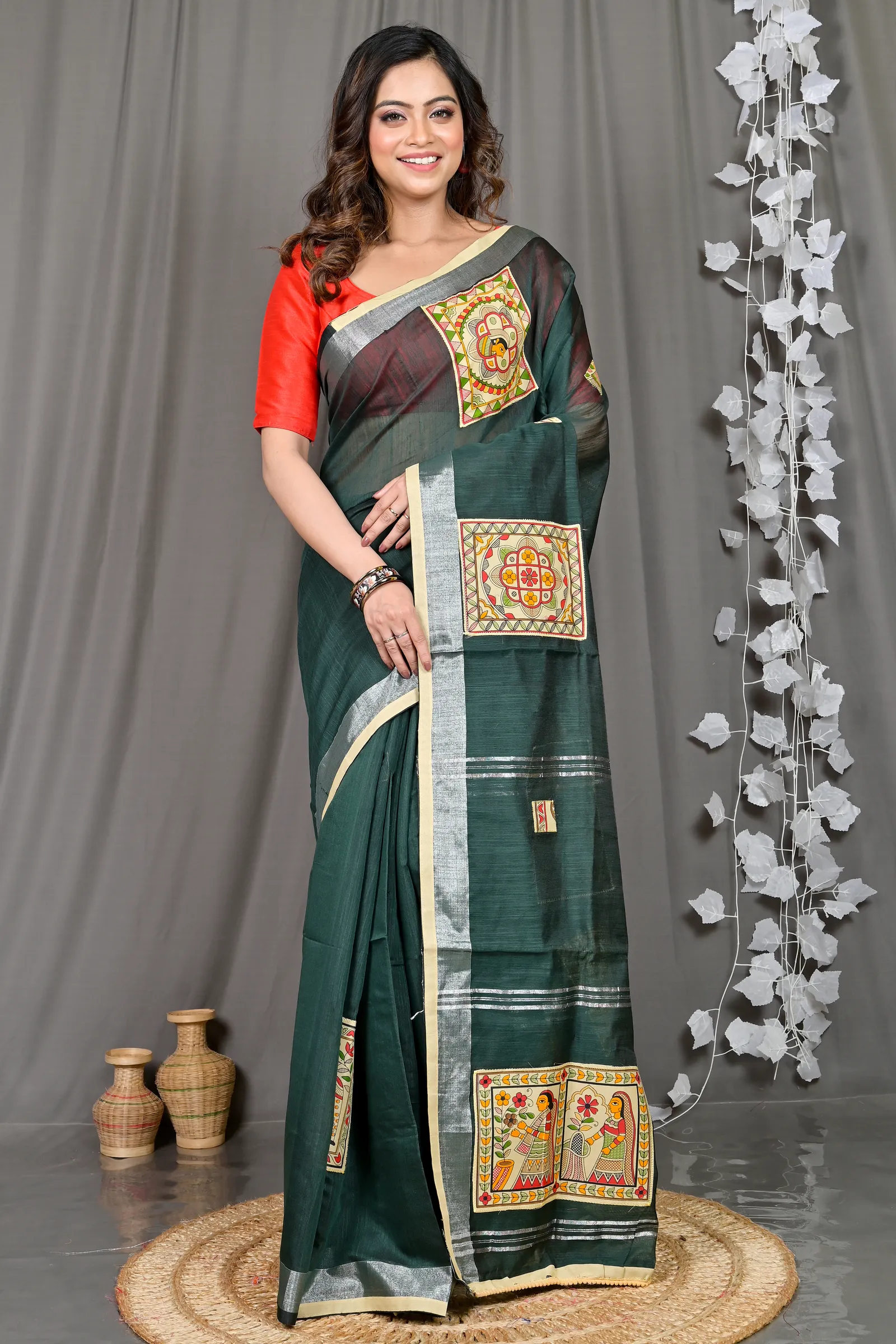 DipDiya Cotton Blended Dark Green Parija Pure Bengali Grace Applique Sarees