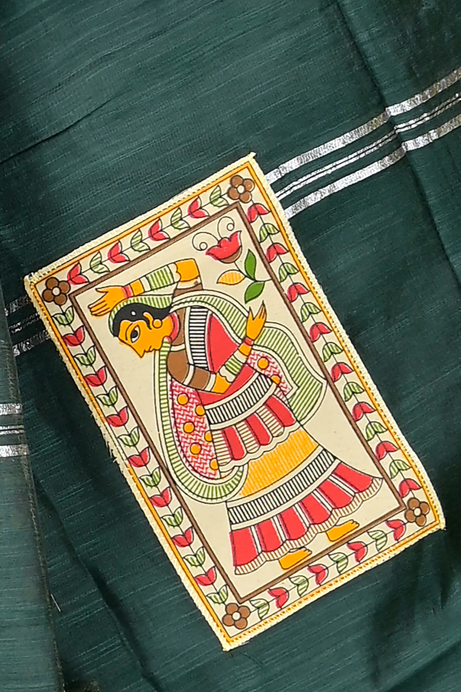 DipDiya Cotton Blended Dark Green Parija Pure Bengali Grace Applique Sarees