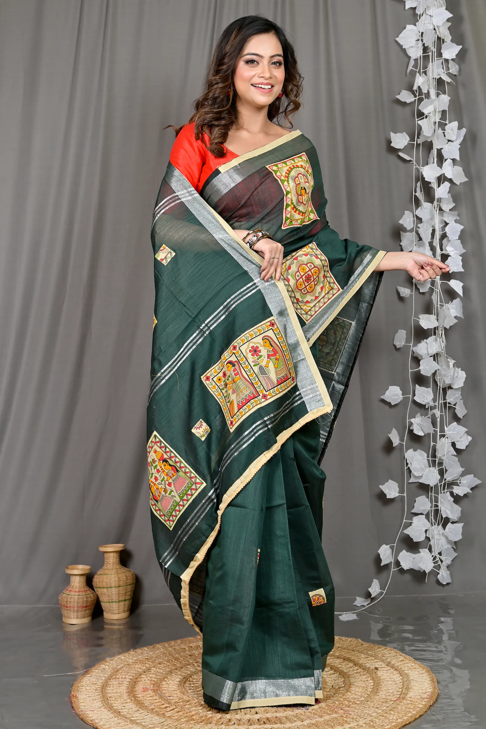 DipDiya Cotton Blended Dark Green Parija Pure Bengali Grace Applique Sarees