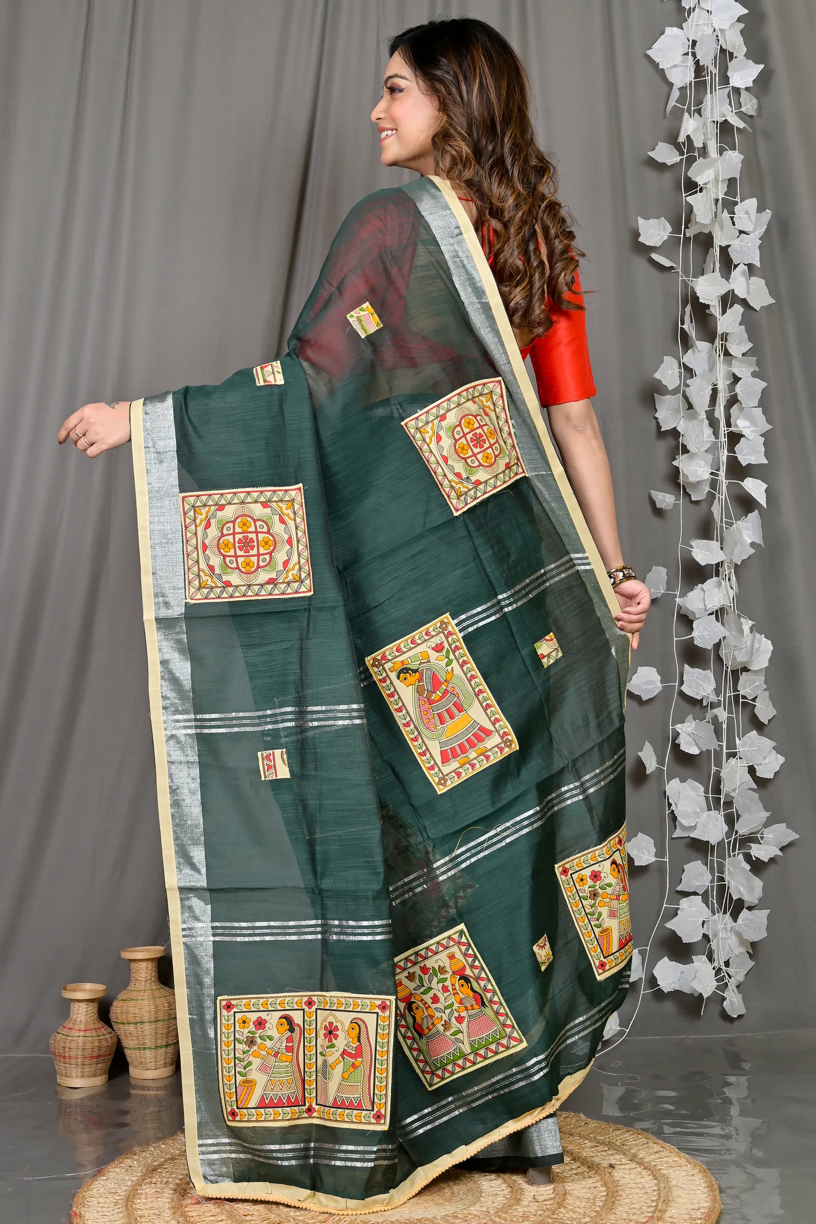 DipDiya Cotton Blended Dark Green Parija Pure Bengali Grace Applique Sarees