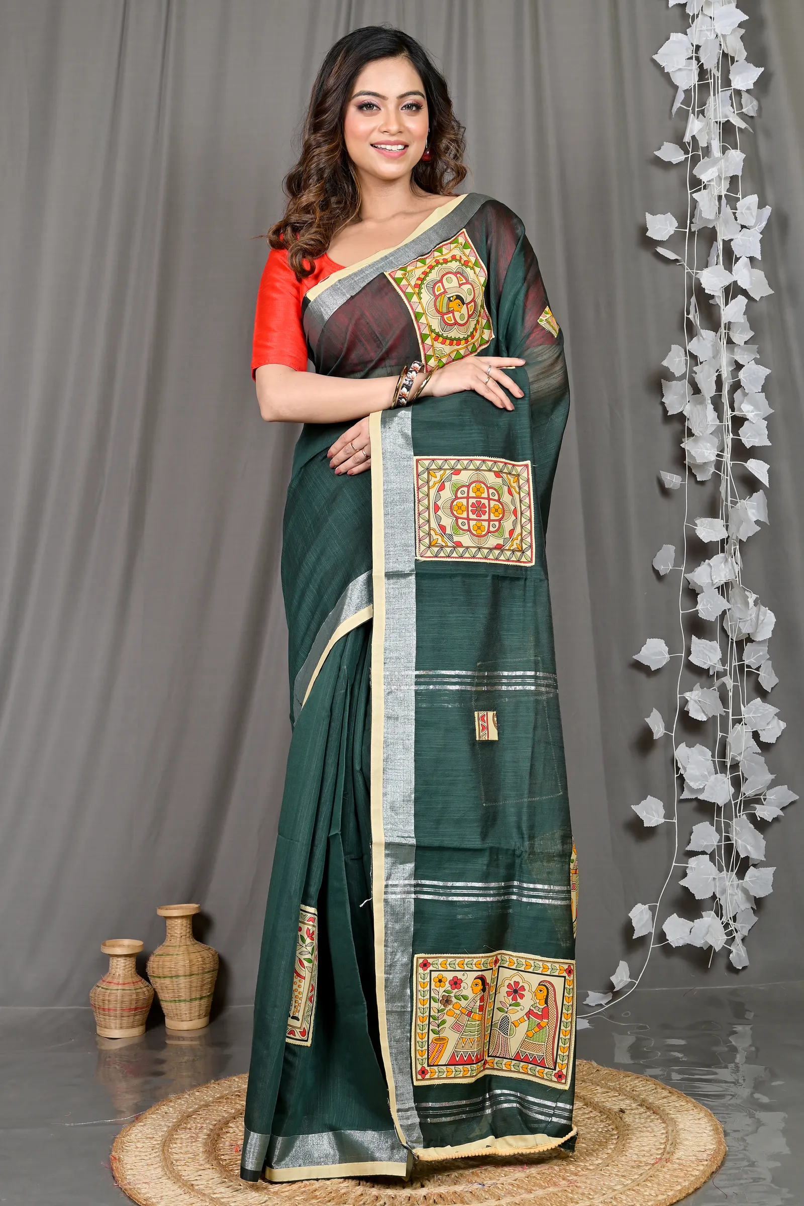 DipDiya Cotton Blended Dark Green Parija Pure Bengali Grace Applique Sarees