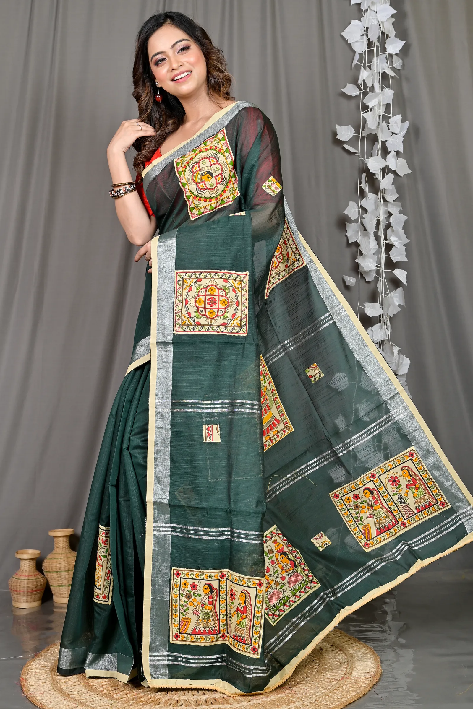 DipDiya Cotton Blended Dark Green Parija Pure Bengali Grace Applique Sarees