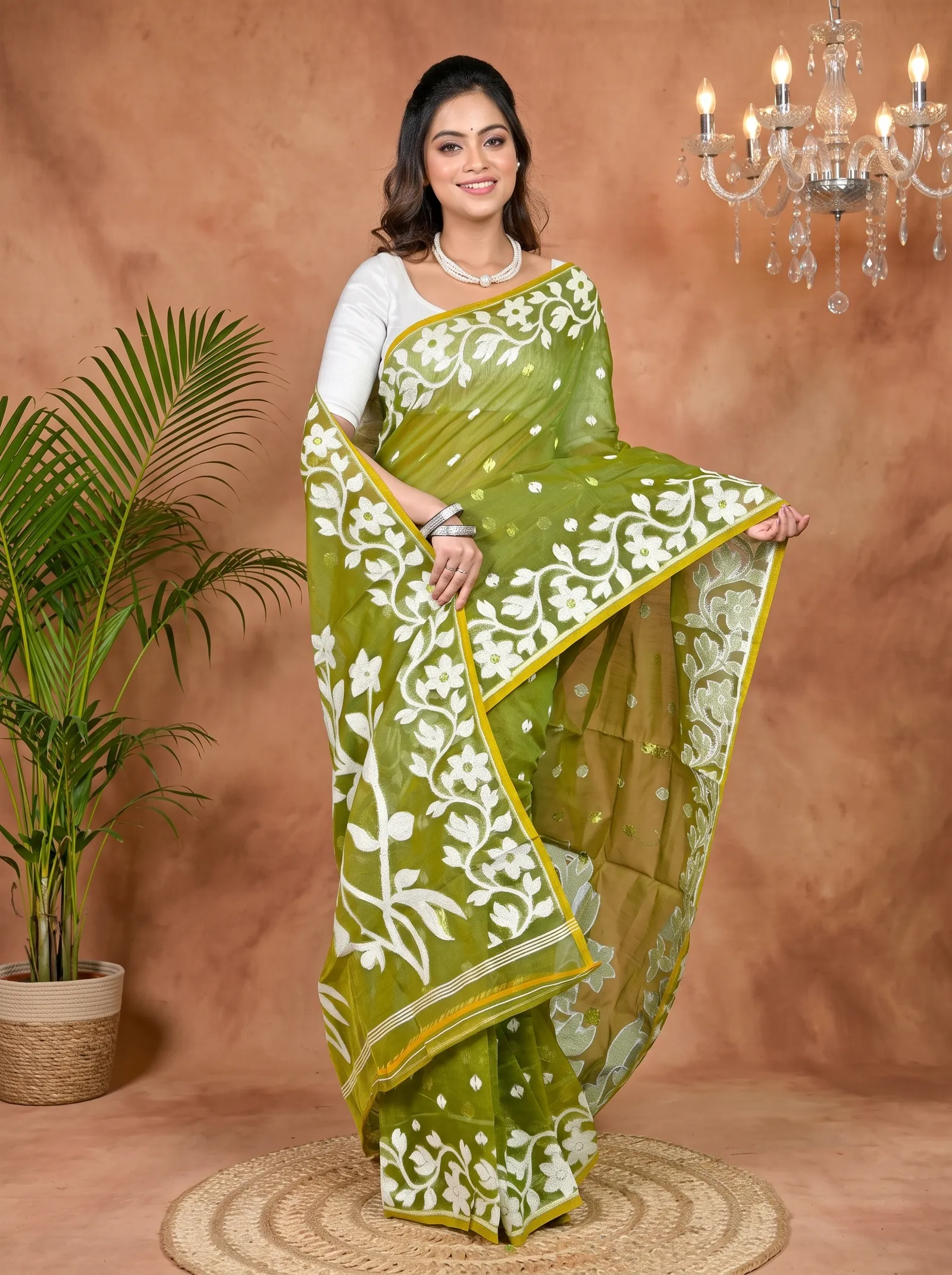 DipDiya Cotton Blended Dark Green Parinit Traditional Bengali Jamdani Sarees