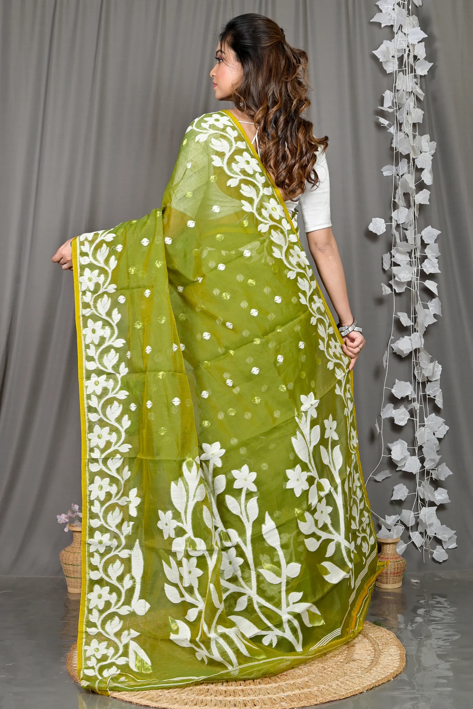 DipDiya Cotton Blended Dark Green Parinit Traditional Bengali Jamdani Sarees
