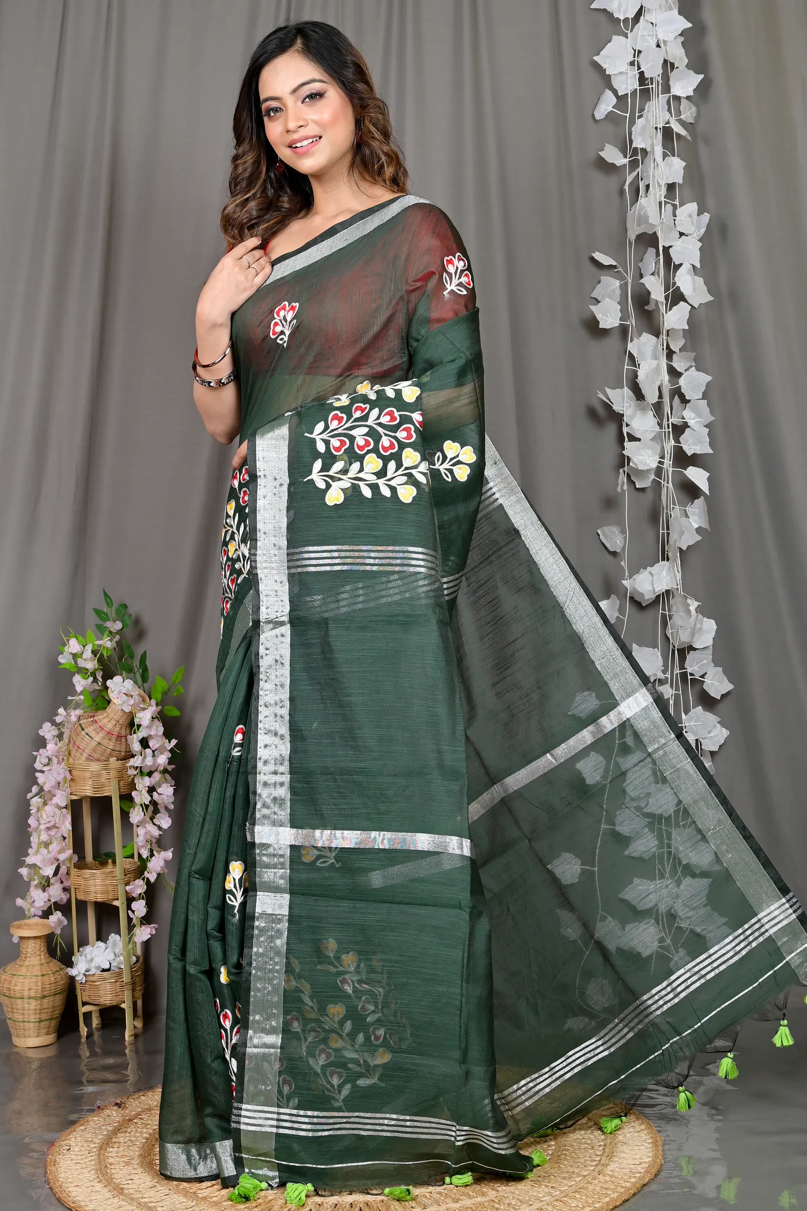 DipDiya Cotton Blended Dark Green Paroni Woven by Hand Embroidery Handloom sarees