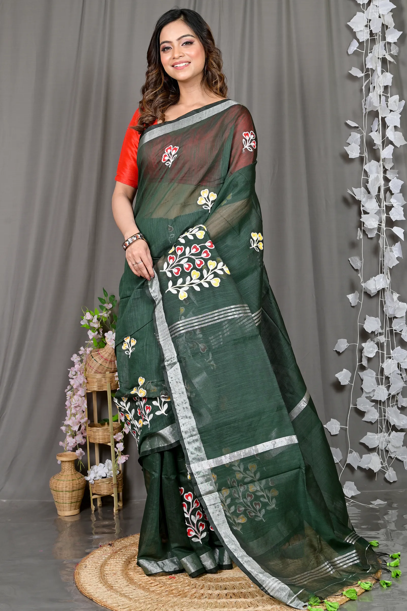 DipDiya Cotton Blended Dark Green Paroni Woven by Hand Embroidery Handloom sarees
