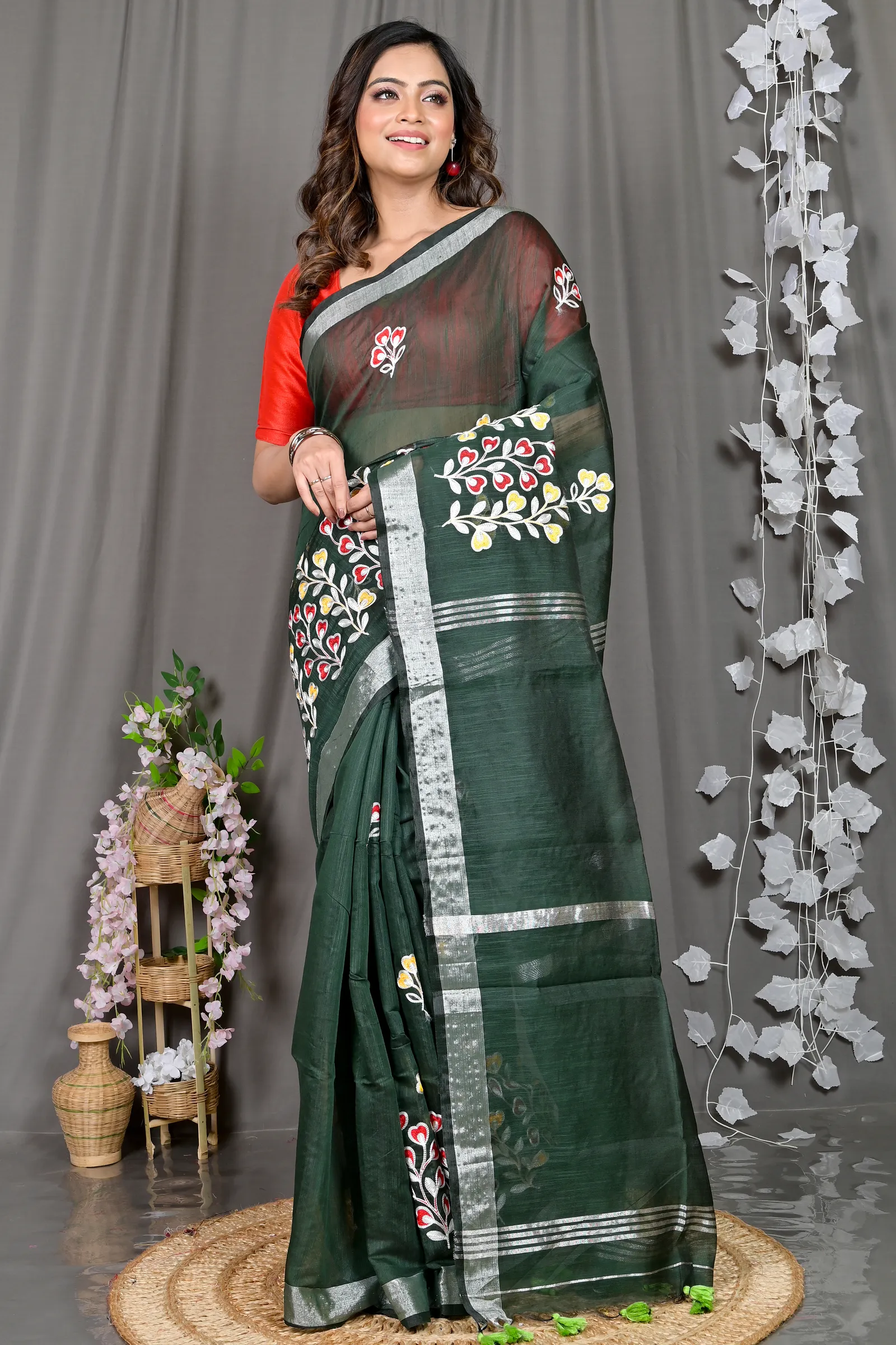 DipDiya Cotton Blended Dark Green Paroni Woven by Hand Embroidery Handloom sarees