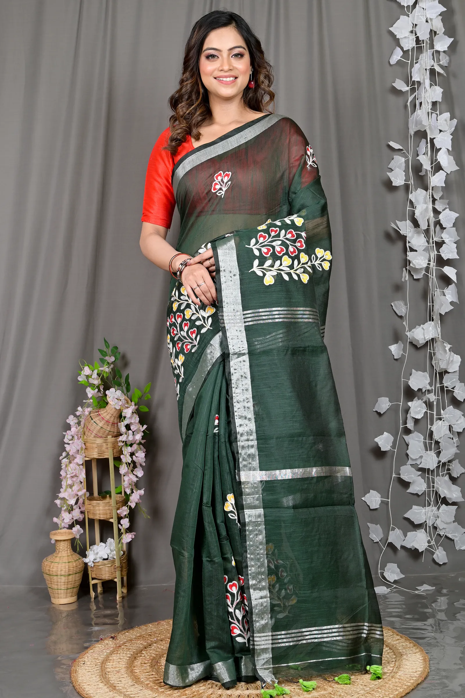 DipDiya Cotton Blended Dark Green Paroni Woven by Hand Embroidery Handloom sarees