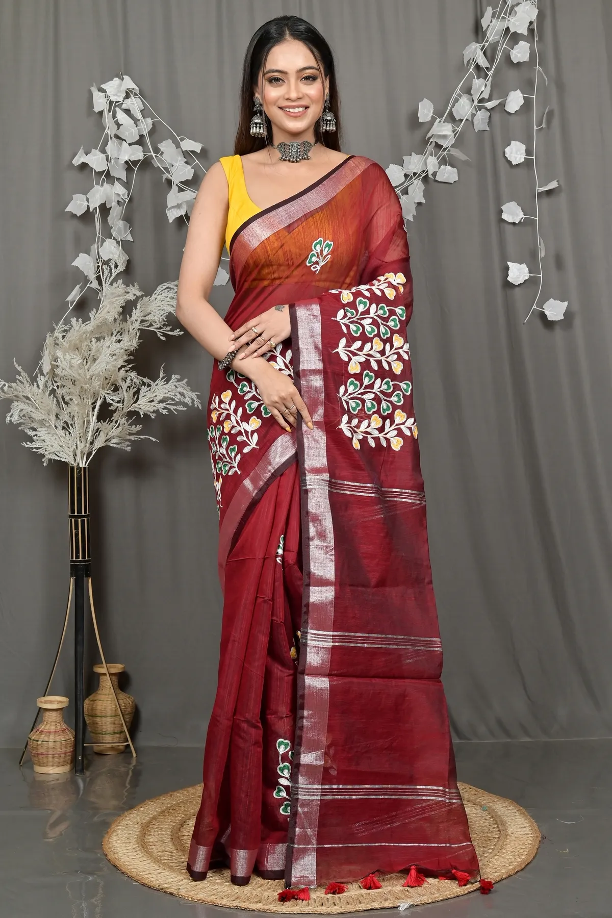 DipDiya Cotton Blended Maroon Paroni Heritage of Bengali Embroidery Handloom sarees