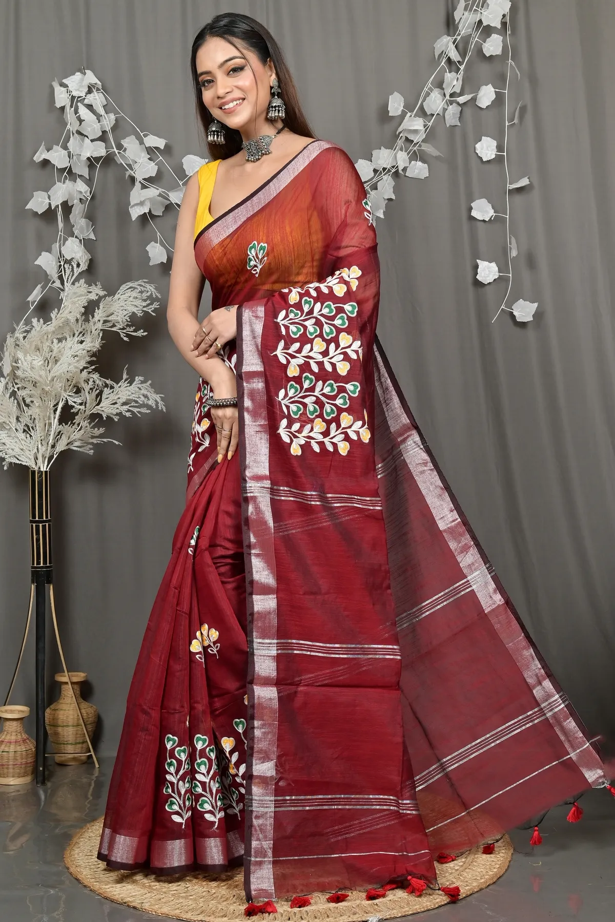 DipDiya Cotton Blended Maroon Paroni Heritage of Bengali Embroidery Handloom sarees