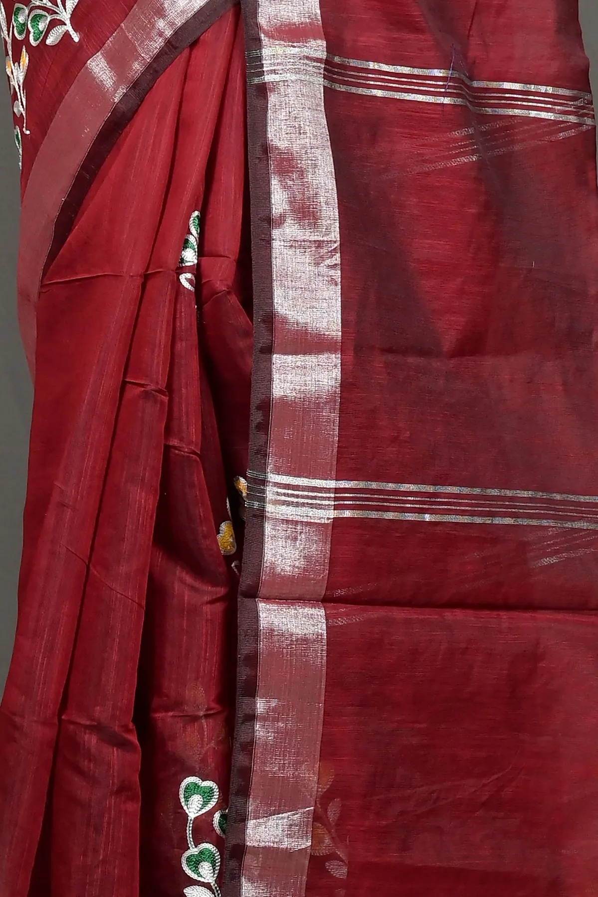 DipDiya Cotton Blended Maroon Paroni Heritage of Bengali Embroidery Handloom sarees