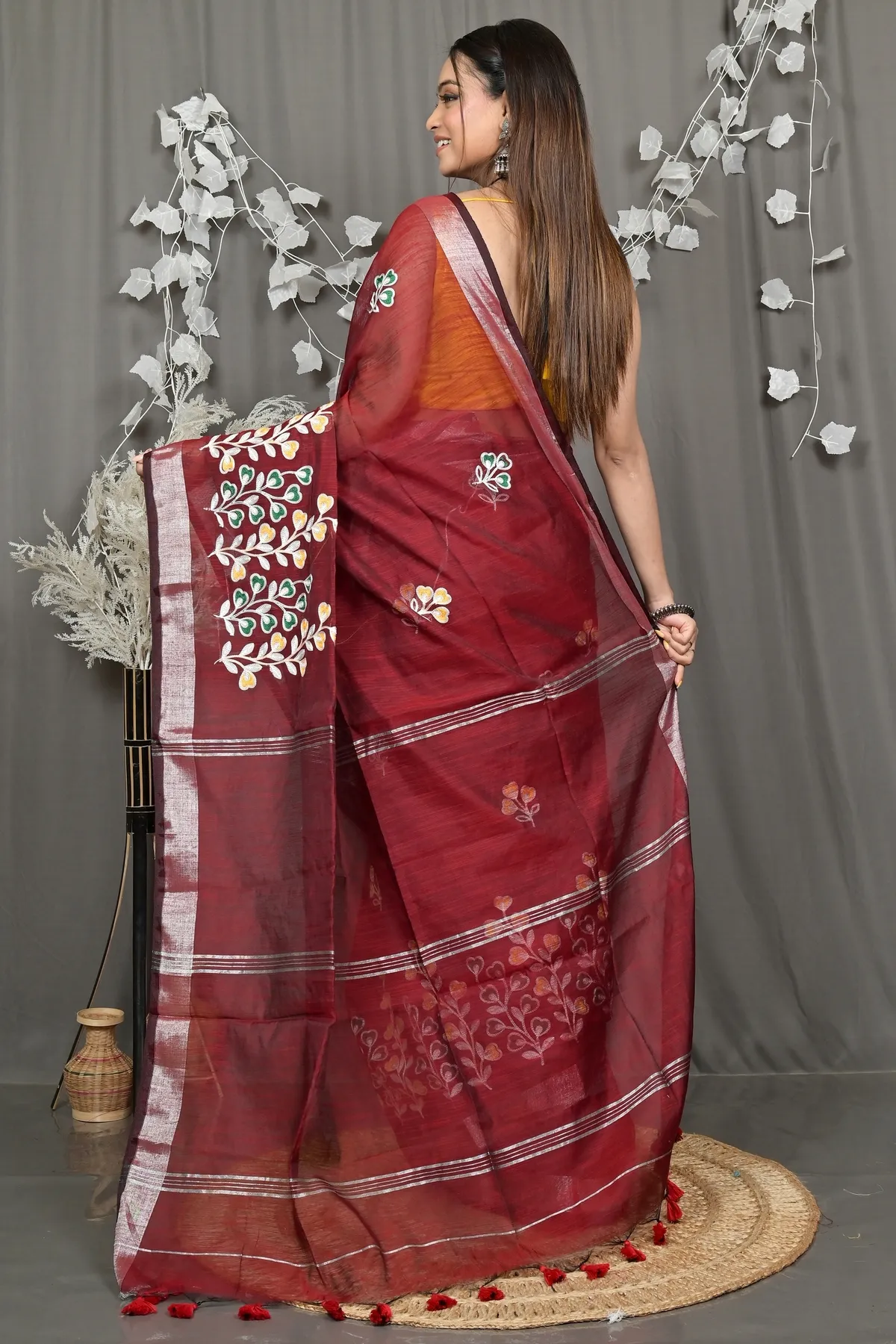 DipDiya Cotton Blended Maroon Paroni Heritage of Bengali Embroidery Handloom sarees