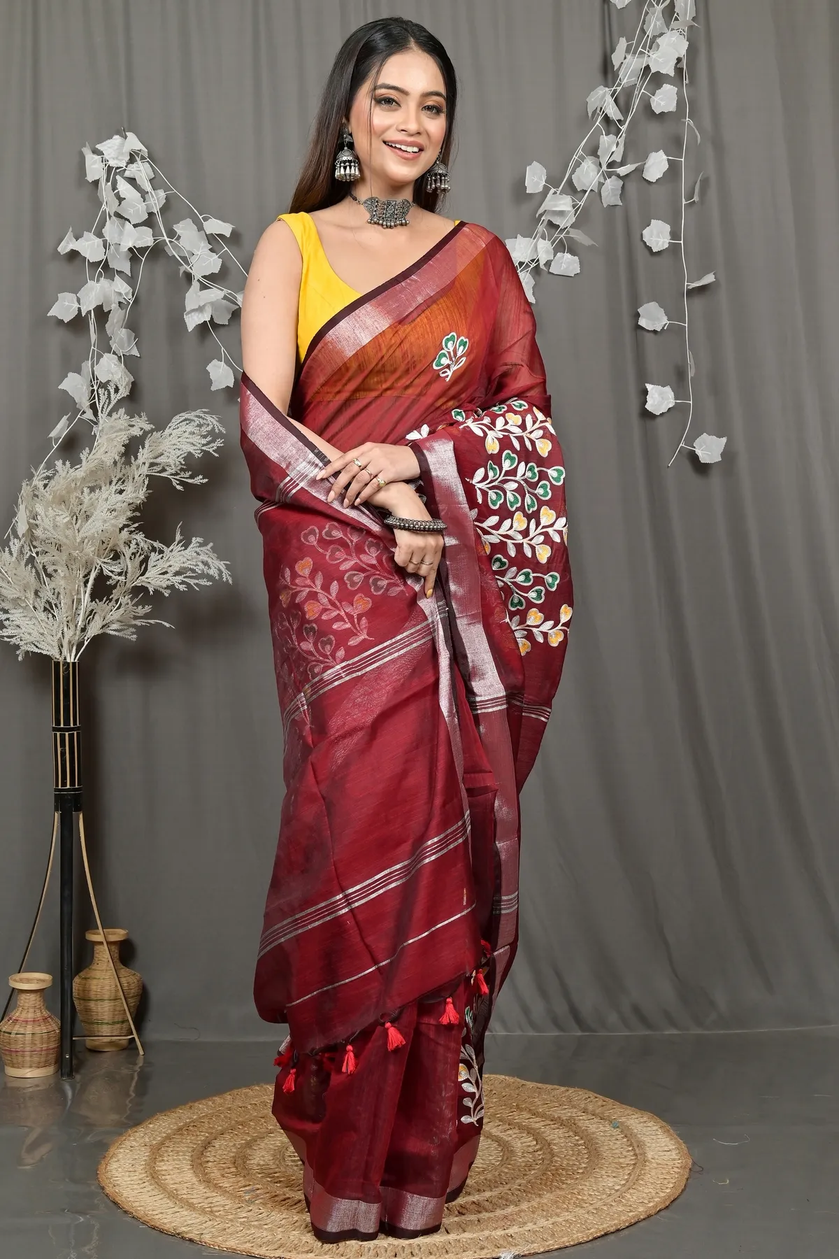 DipDiya Cotton Blended Maroon Paroni Heritage of Bengali Embroidery Handloom sarees