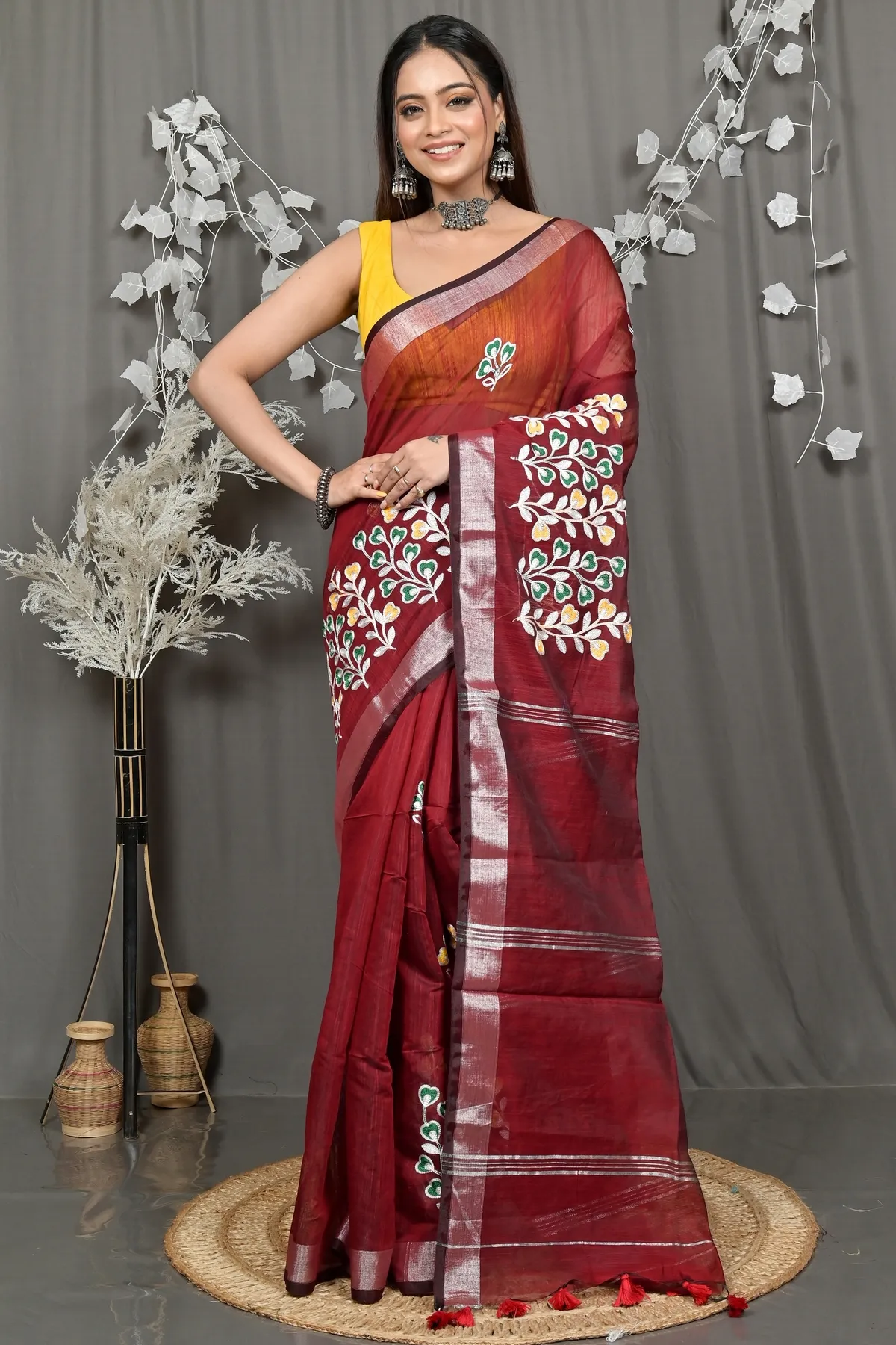 DipDiya Cotton Blended Maroon Paroni Heritage of Bengali Embroidery Handloom sarees