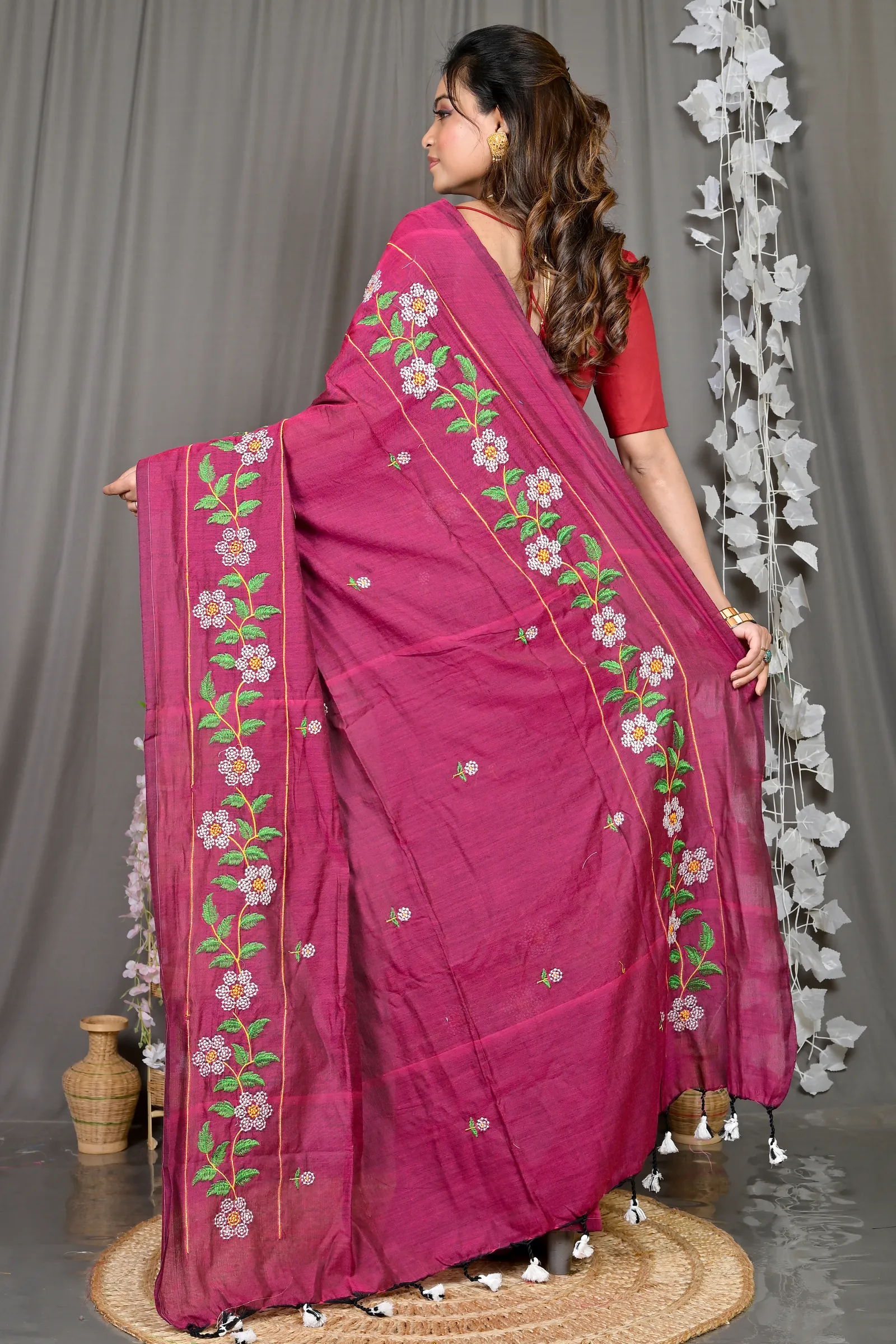 DipDiya Cotton Blended Merron Paraya Crafted by Artisans Embroidery Handloom sarees