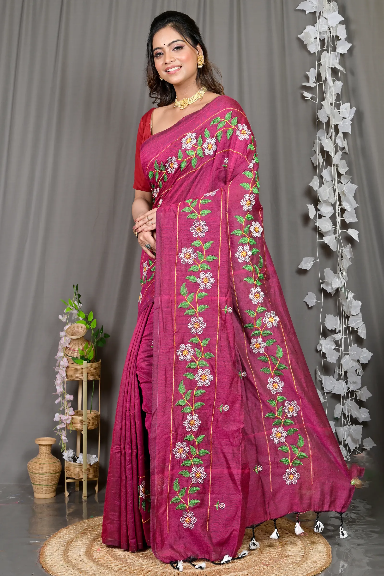 DipDiya Cotton Blended Merron Paraya Crafted by Artisans Embroidery Handloom sarees