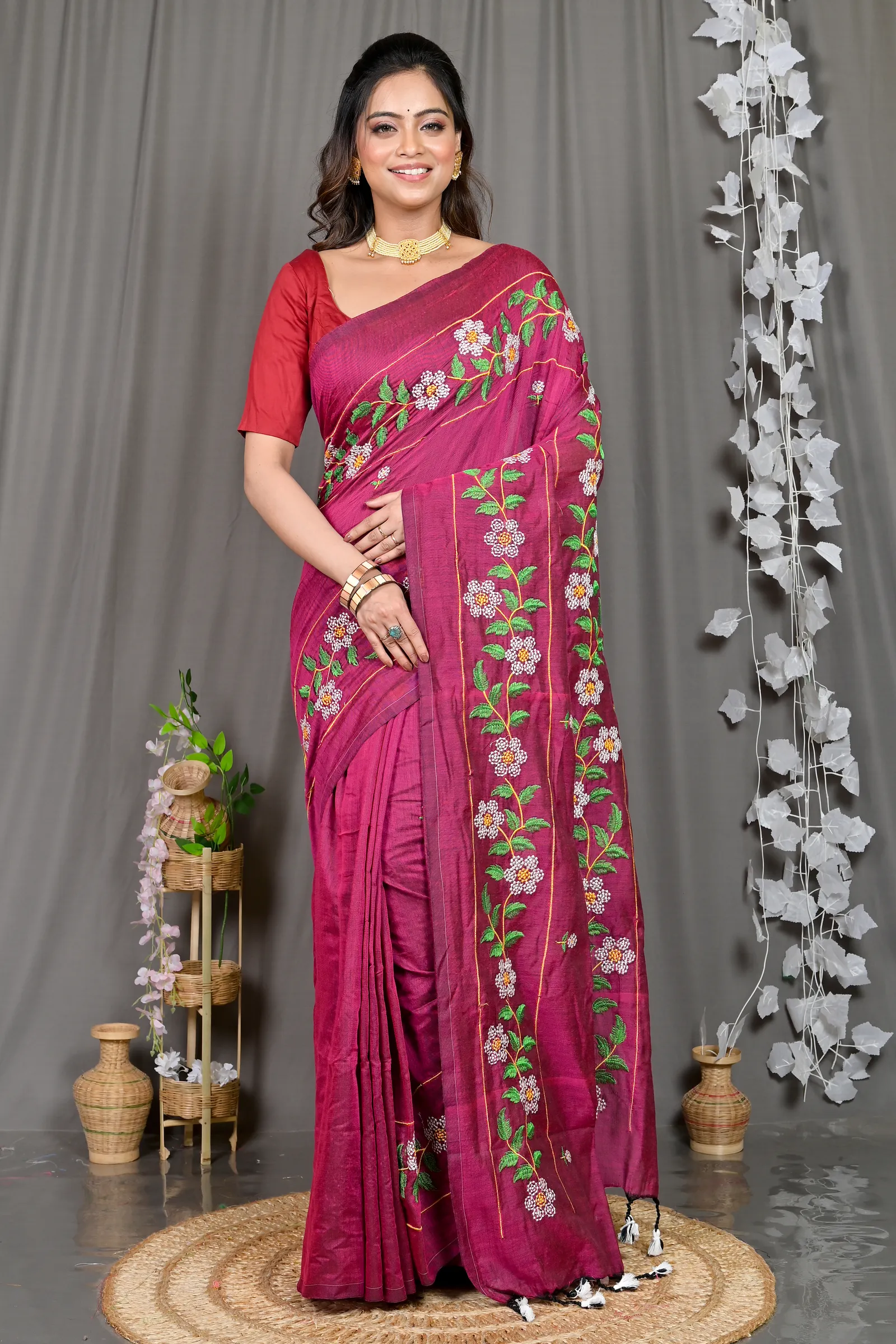DipDiya Cotton Blended Merron Paraya Crafted by Artisans Embroidery Handloom sarees