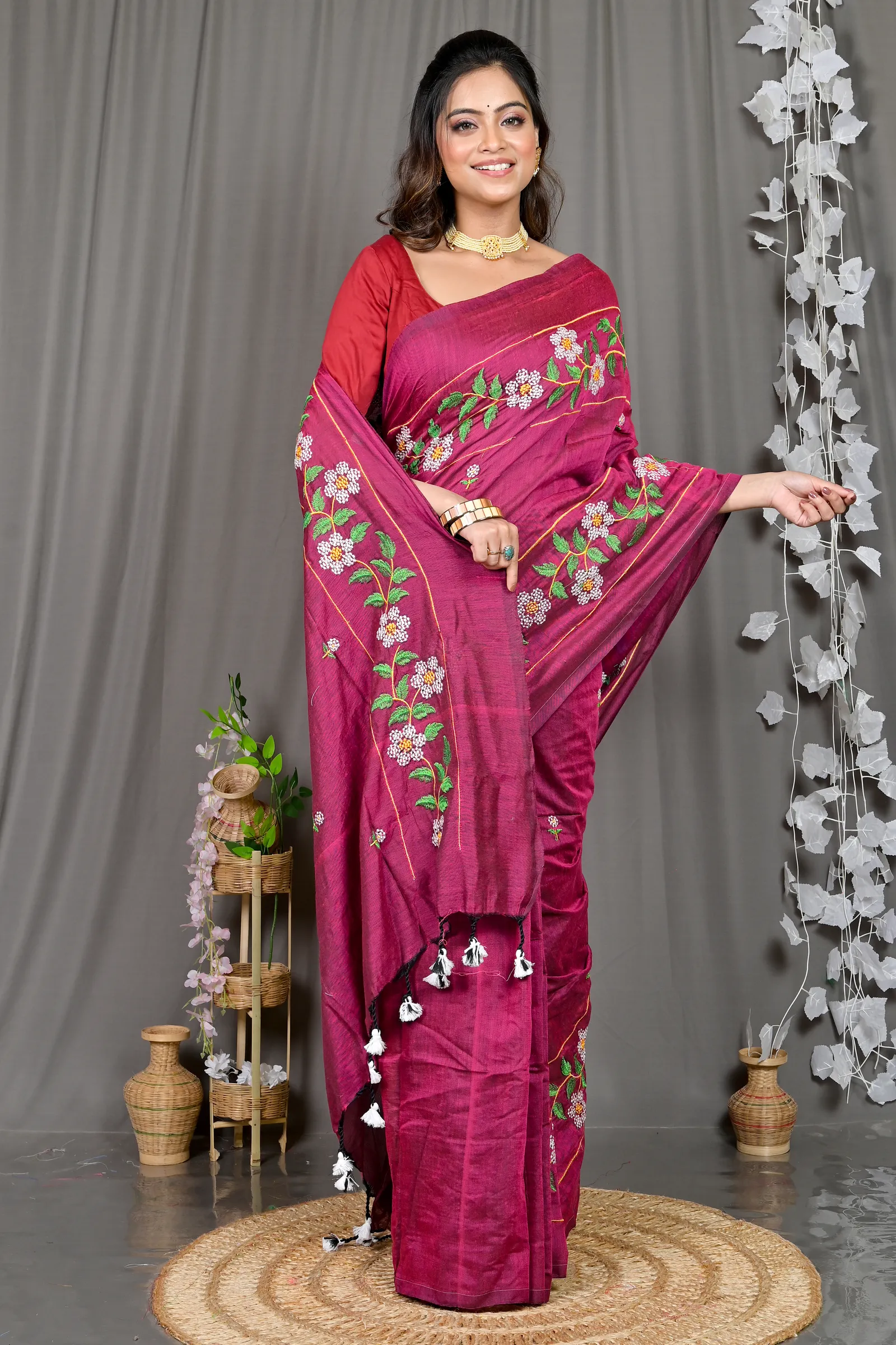 DipDiya Cotton Blended Merron Paraya Crafted by Artisans Embroidery Handloom sarees