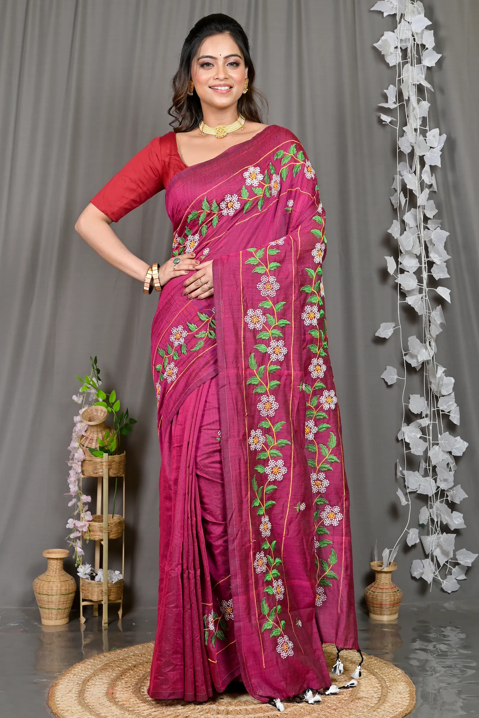 DipDiya Cotton Blended Merron Paraya Crafted by Artisans Embroidery Handloom sarees