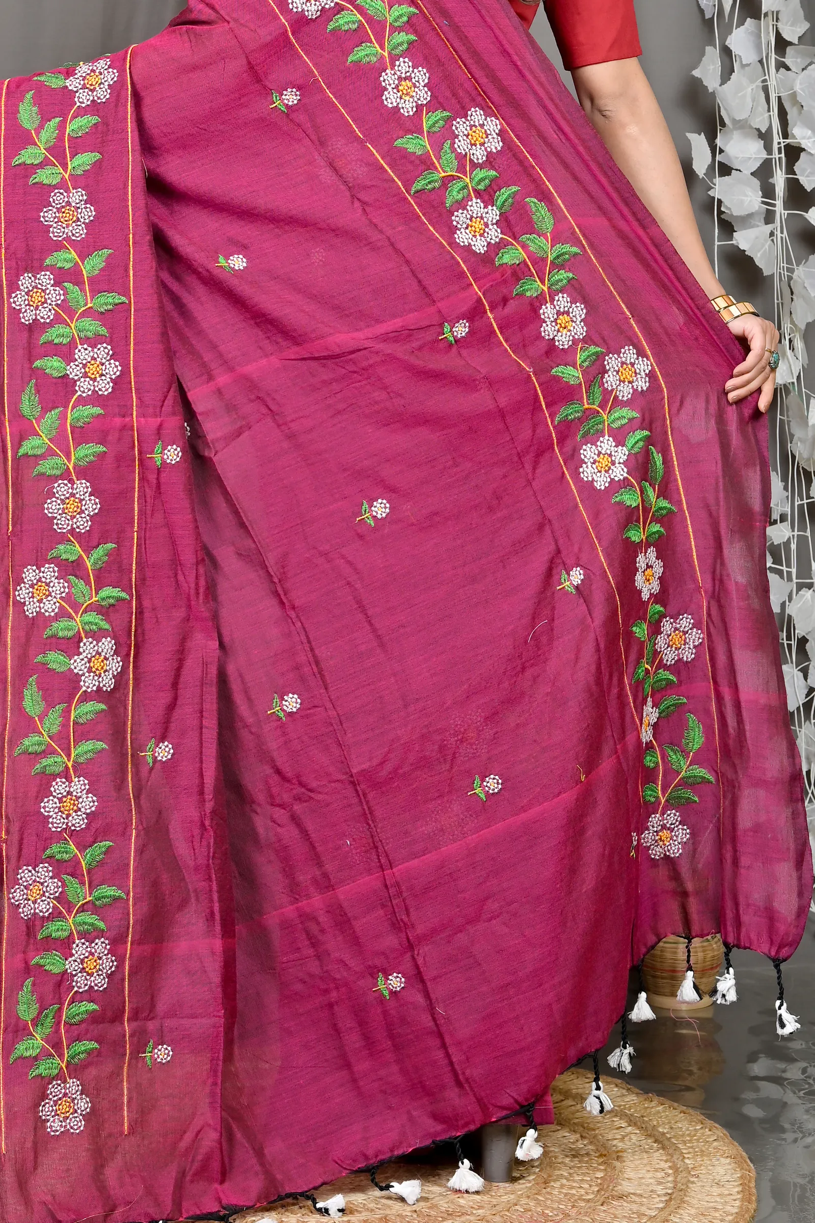 DipDiya Cotton Blended Merron Paraya Crafted by Artisans Embroidery Handloom sarees