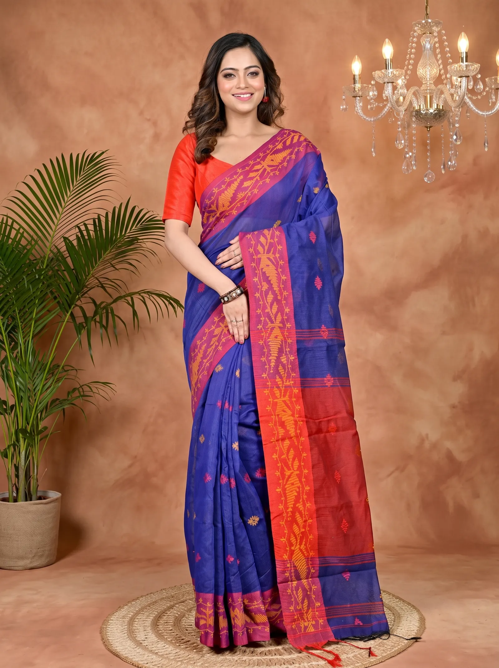 DipDiya Cotton Blended Naby Blue Red Parul Effortless Tradition Handloom Sarees