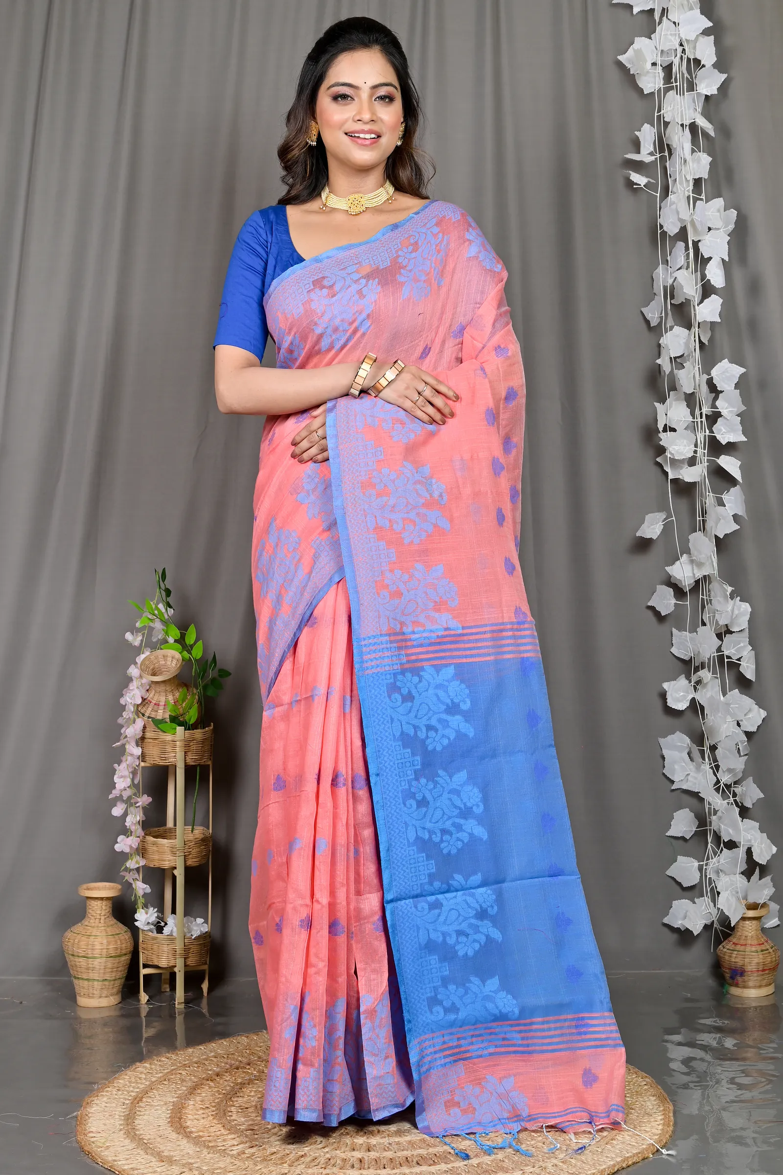 DipDiya Cotton Blended Peach Parup Grace of Bengal Handloom Sarees