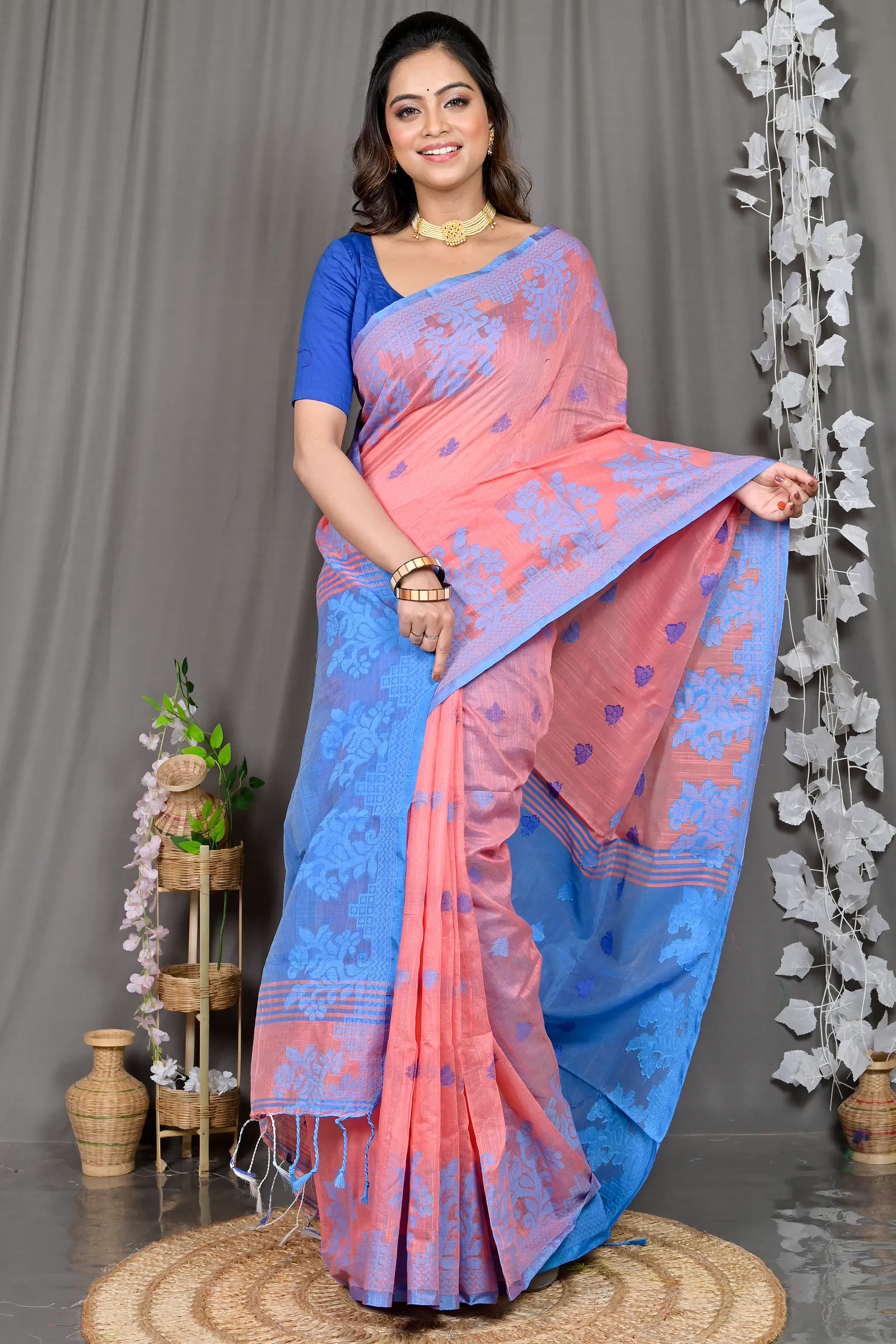 DipDiya Cotton Blended Peach Parup Grace of Bengal Handloom Sarees