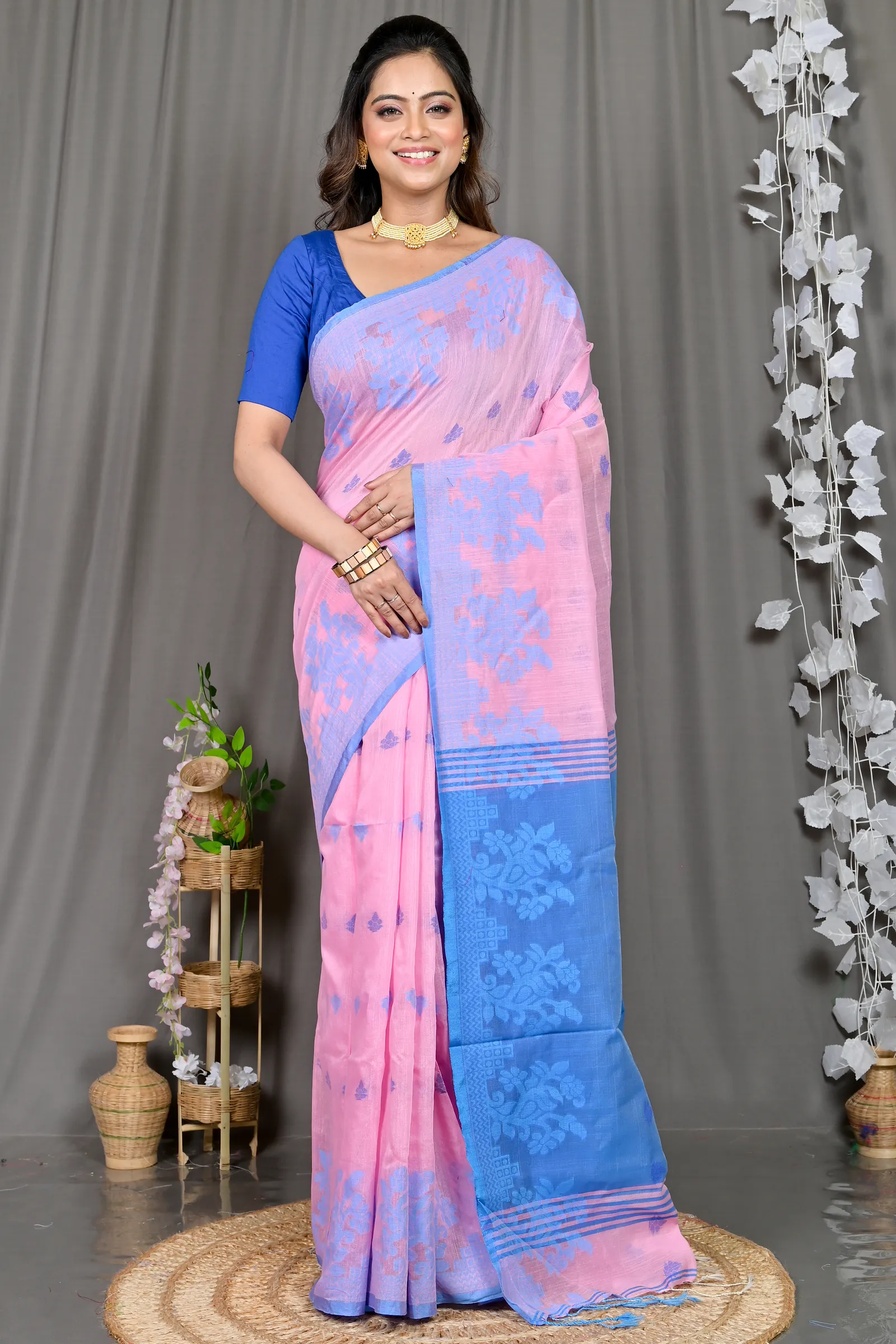 DipDiya Cotton Blended Pink Blue Parup Heritage Elegance Handloom Sarees