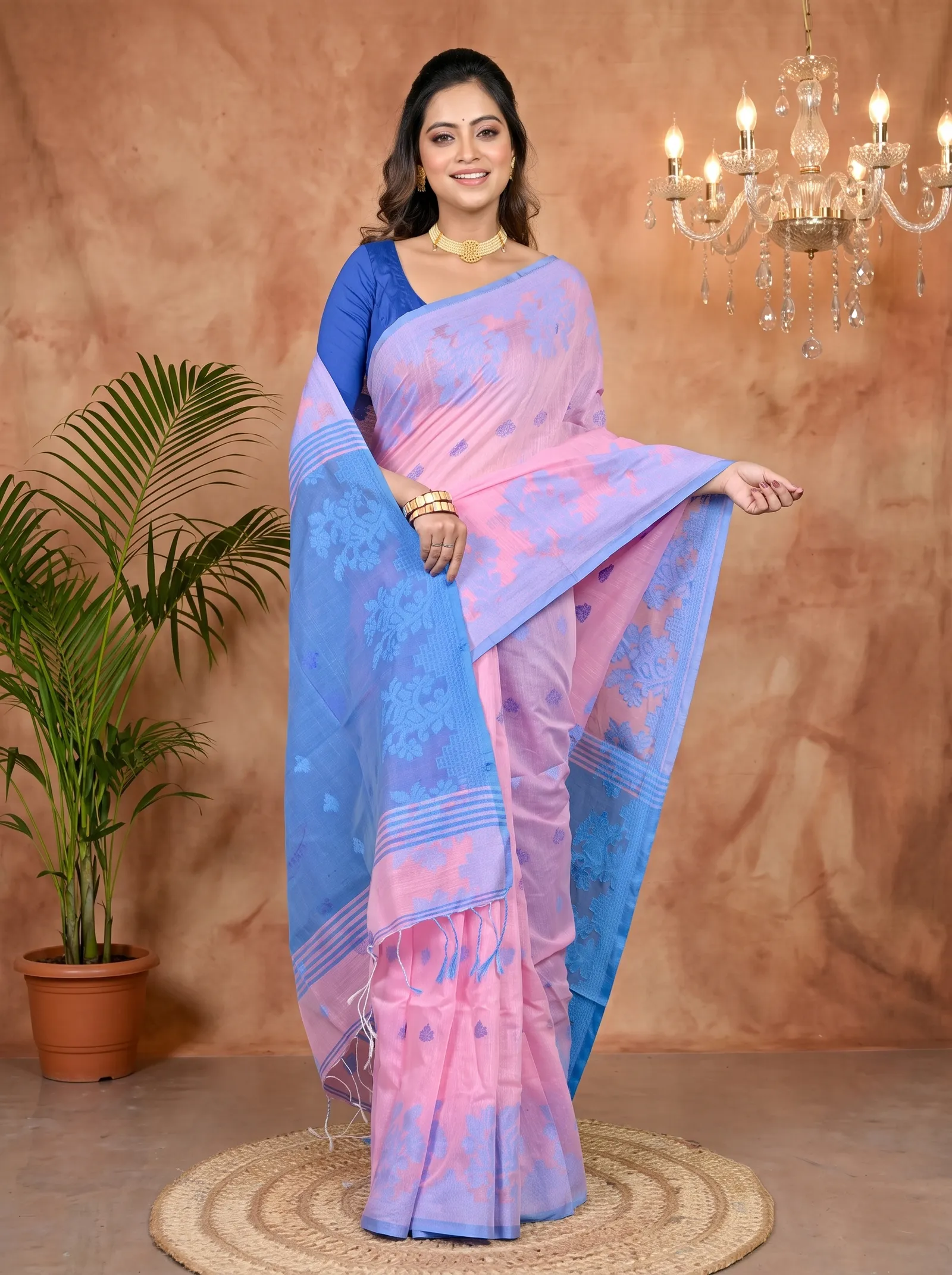 DipDiya Cotton Blended Pink Blue Parup Heritage Elegance Handloom Sarees