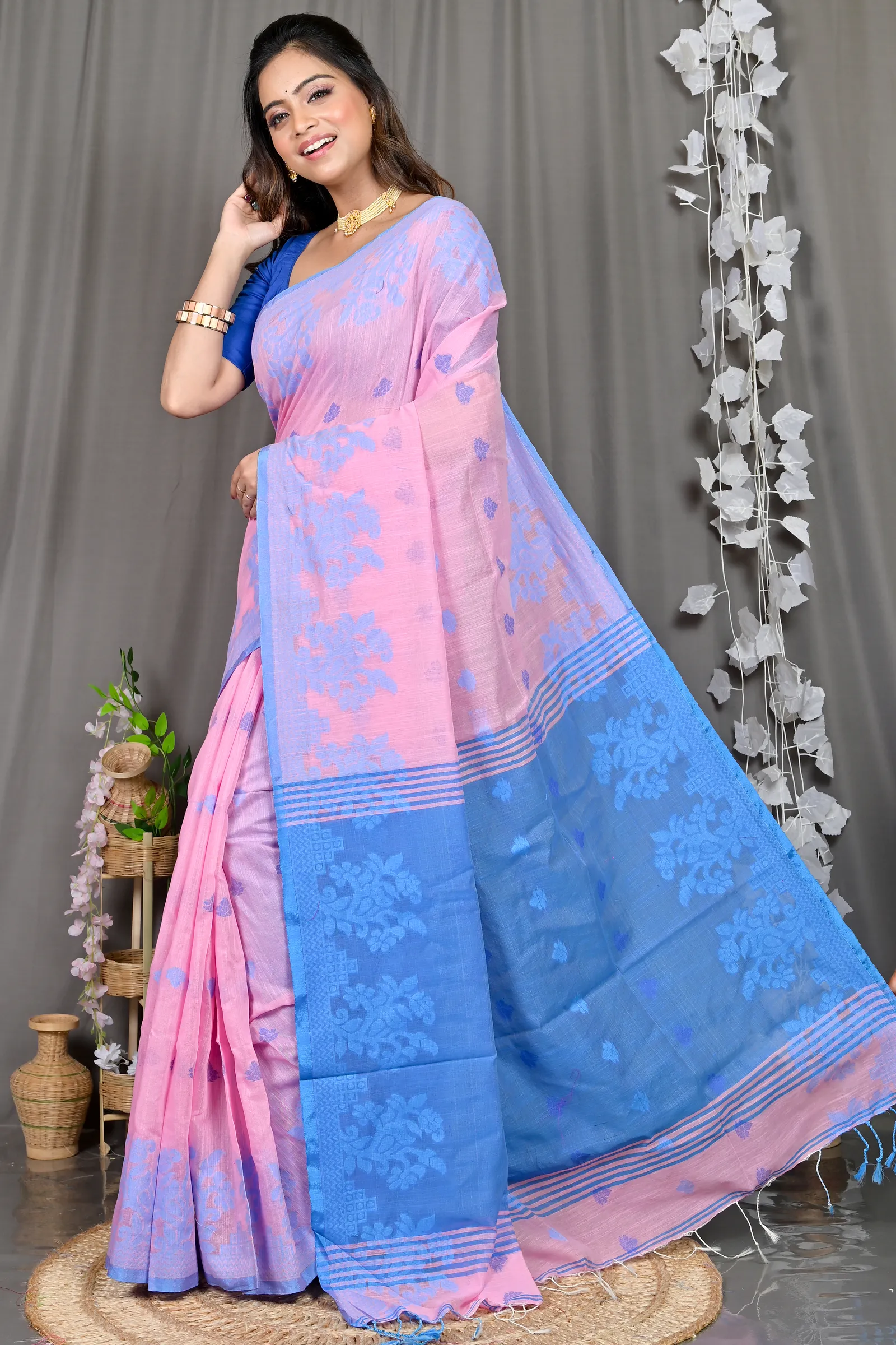 DipDiya Cotton Blended Pink Blue Parup Heritage Elegance Handloom Sarees