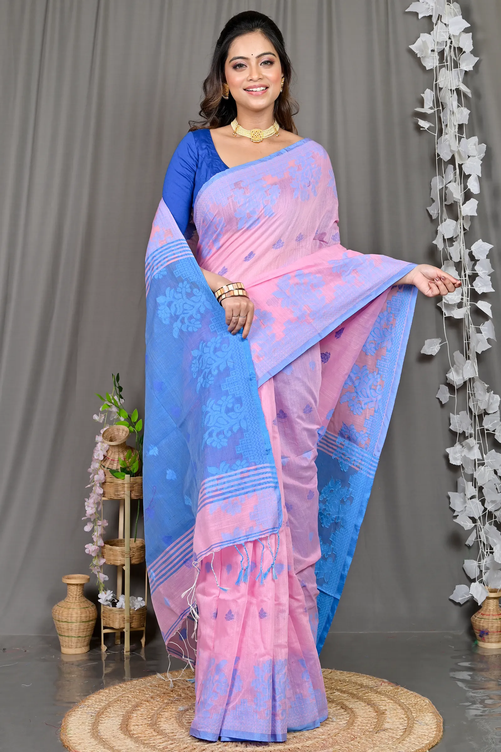 DipDiya Cotton Blended Pink Blue Parup Heritage Elegance Handloom Sarees