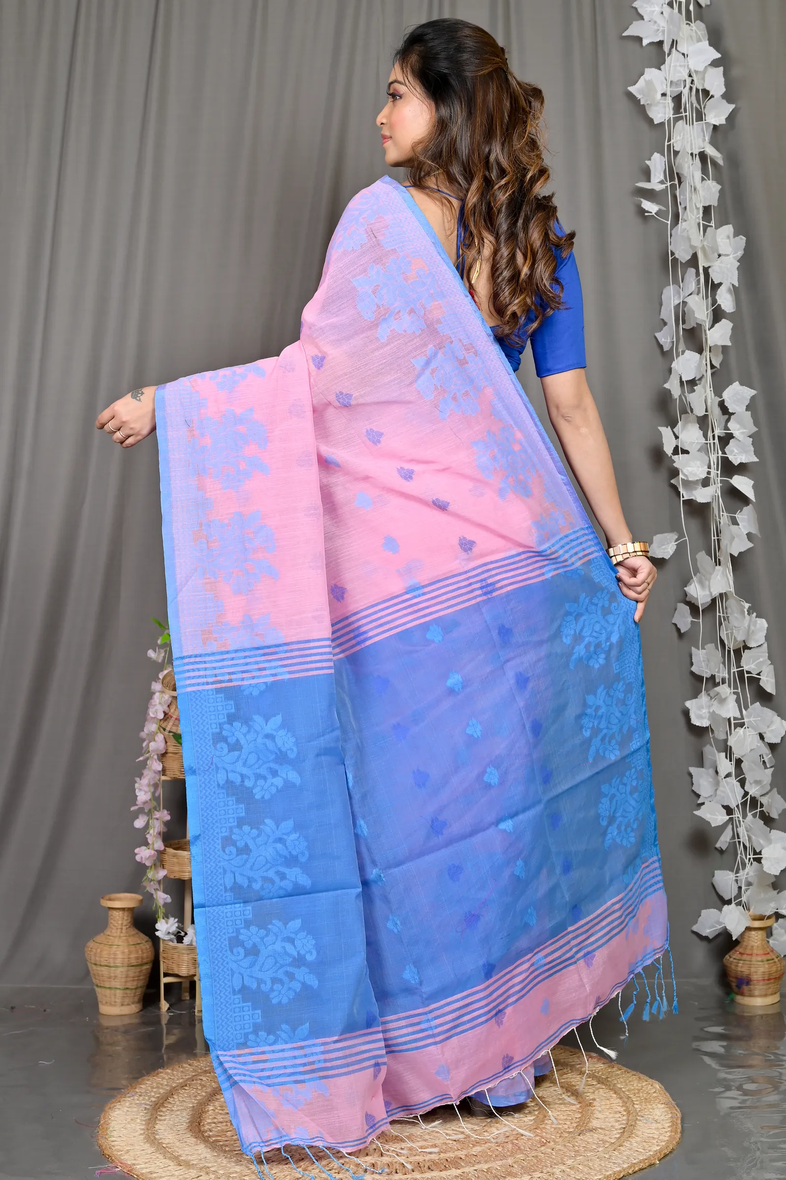 DipDiya Cotton Blended Pink Blue Parup Heritage Elegance Handloom Sarees
