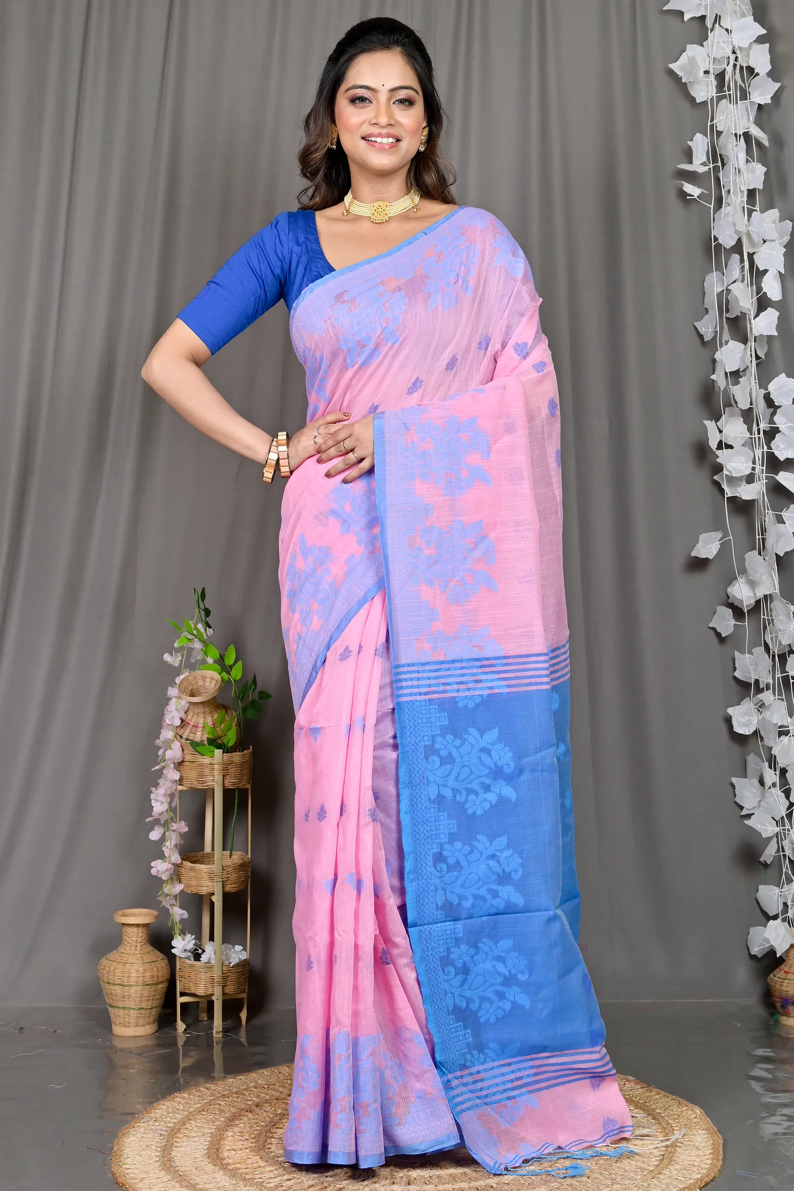 DipDiya Cotton Blended Pink Blue Parup Heritage Elegance Handloom Sarees