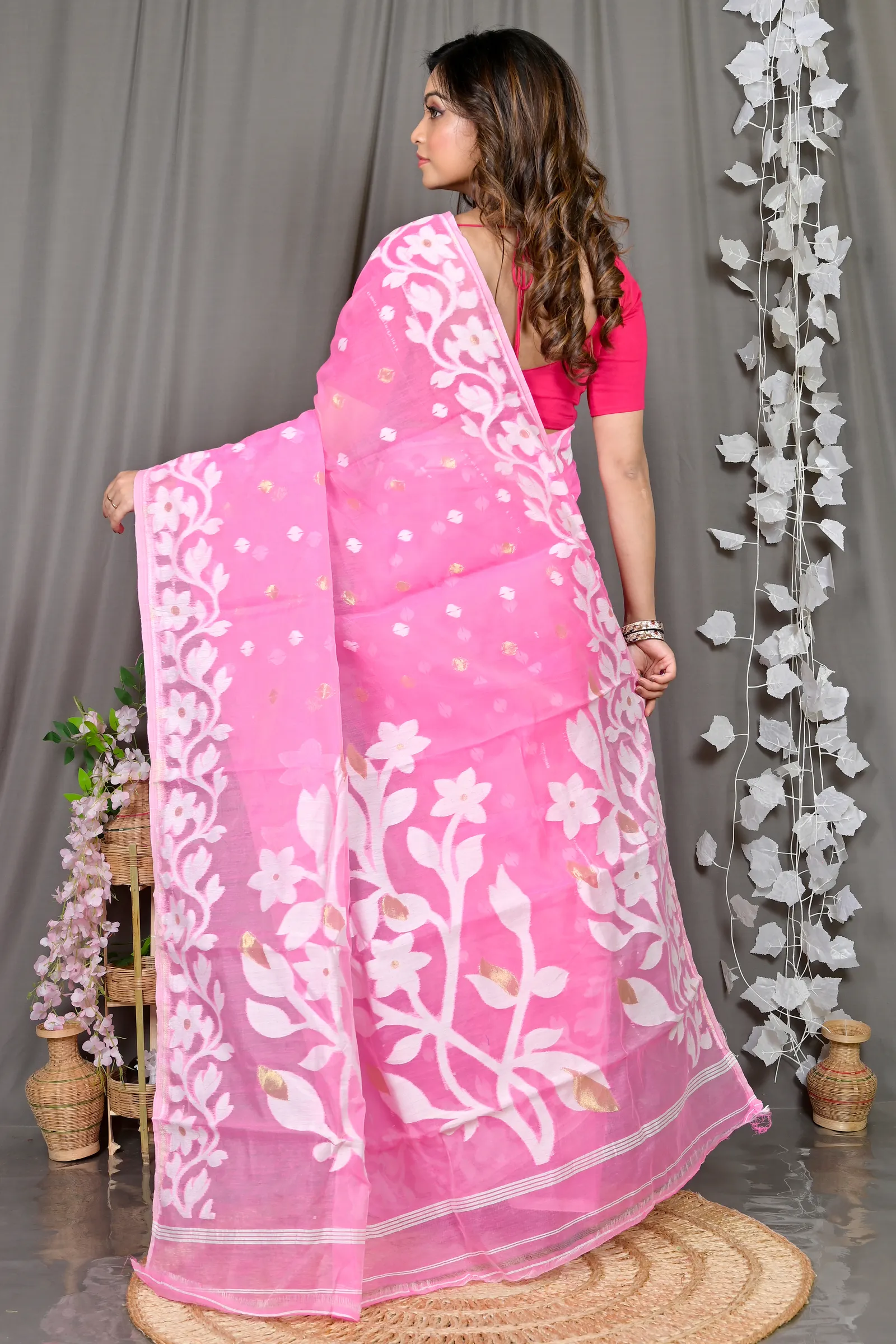 DipDiya Cotton Blended Pink Parinit Woven with Tradition Jamdani Sarees