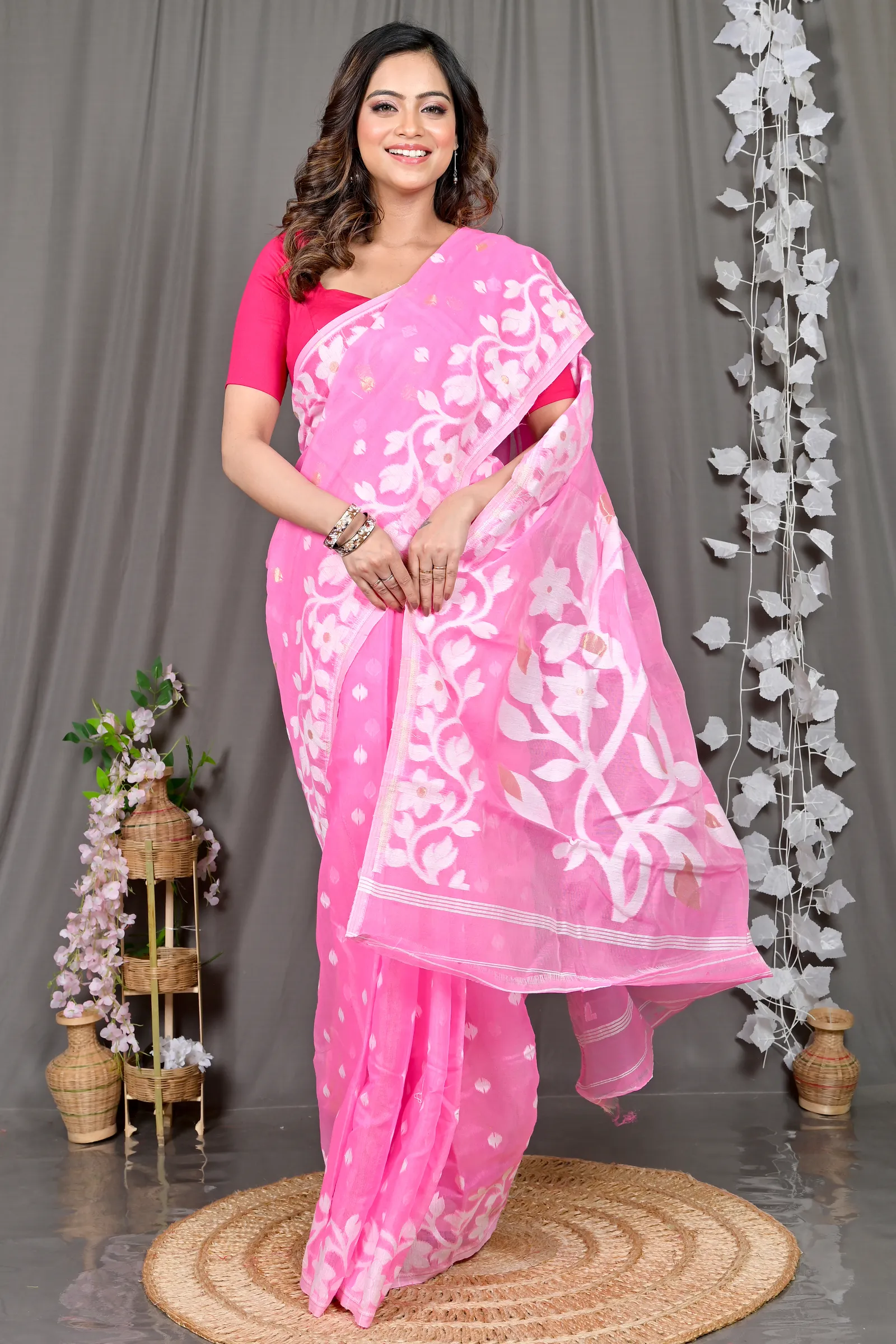 DipDiya Cotton Blended Pink Parinit Woven with Tradition Jamdani Sarees