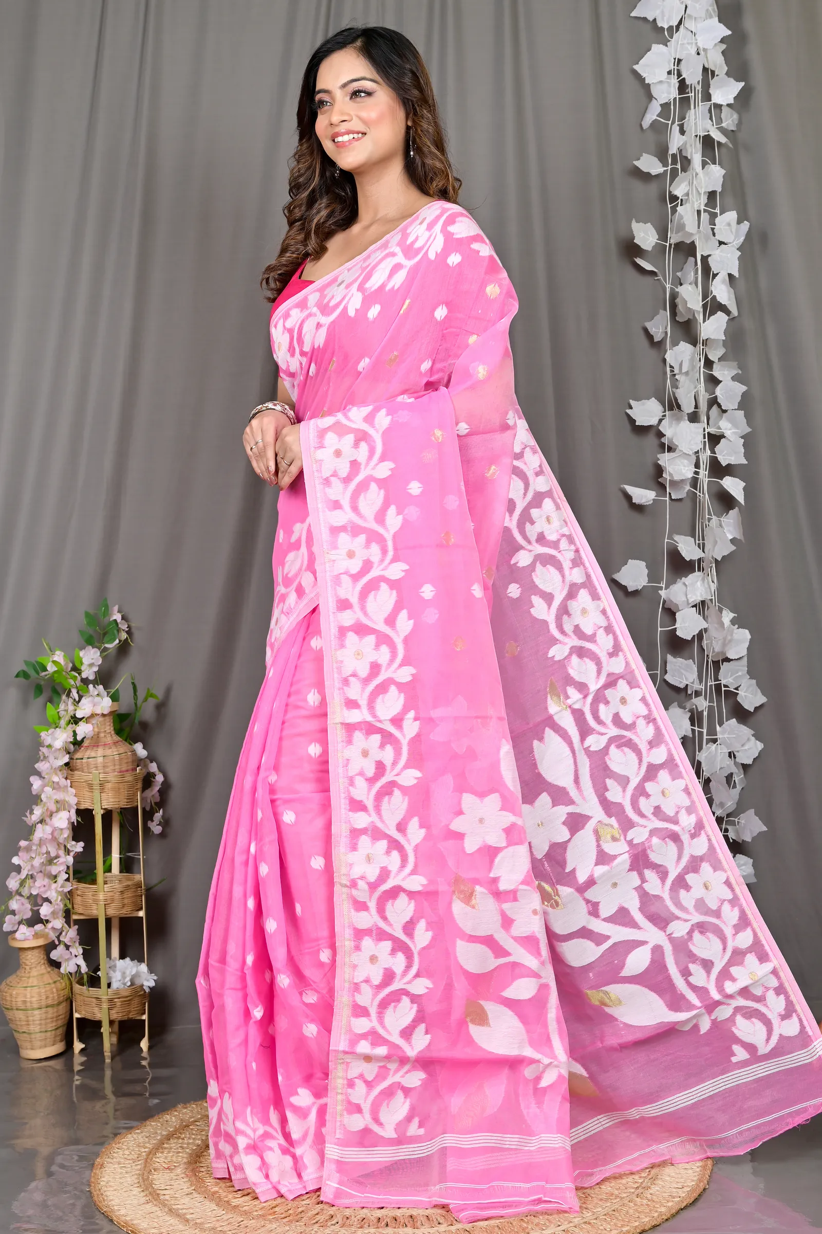 DipDiya Cotton Blended Pink Parinit Woven with Tradition Jamdani Sarees