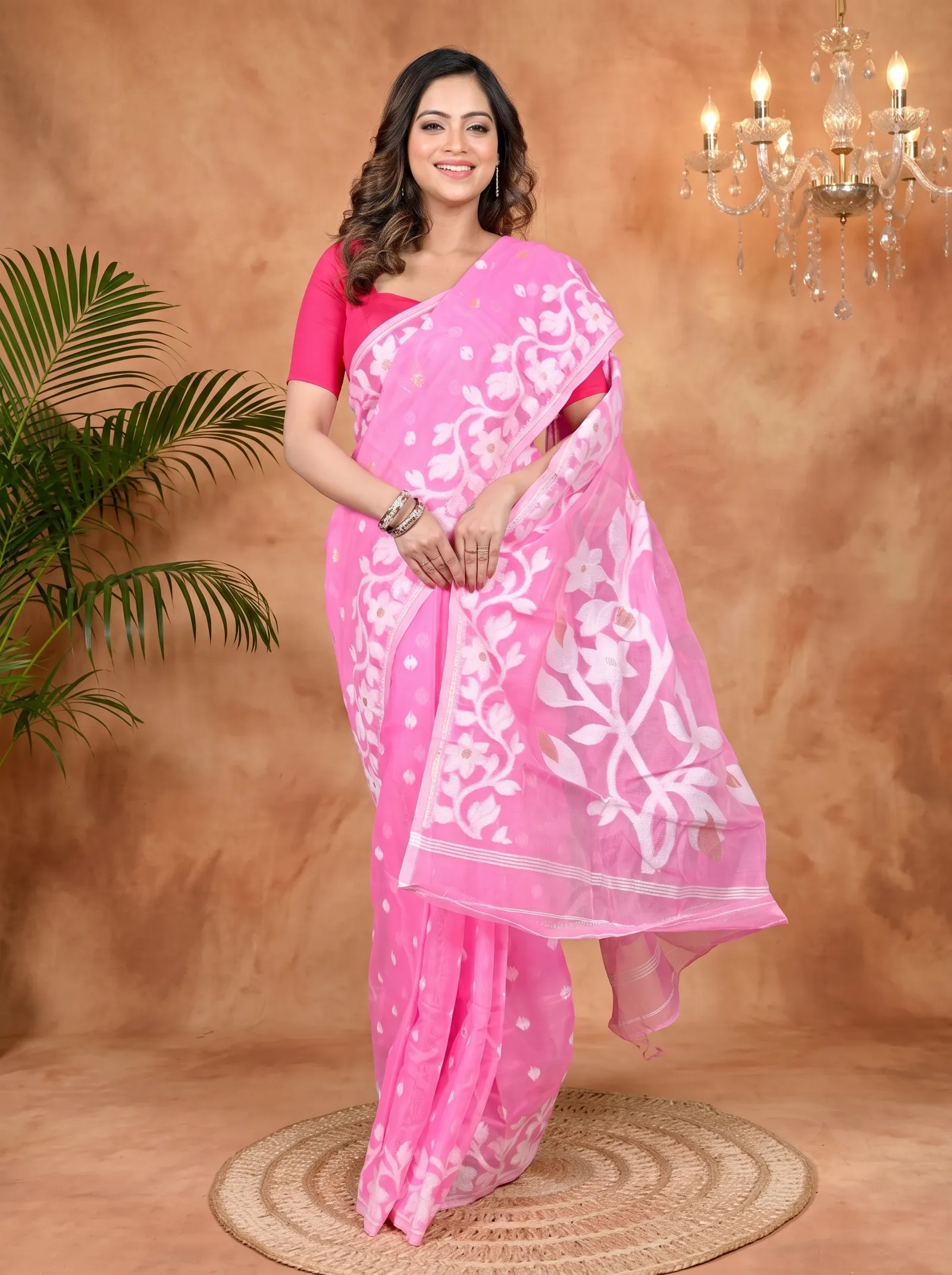 DipDiya Cotton Blended Pink Parinit Woven with Tradition Jamdani Sarees