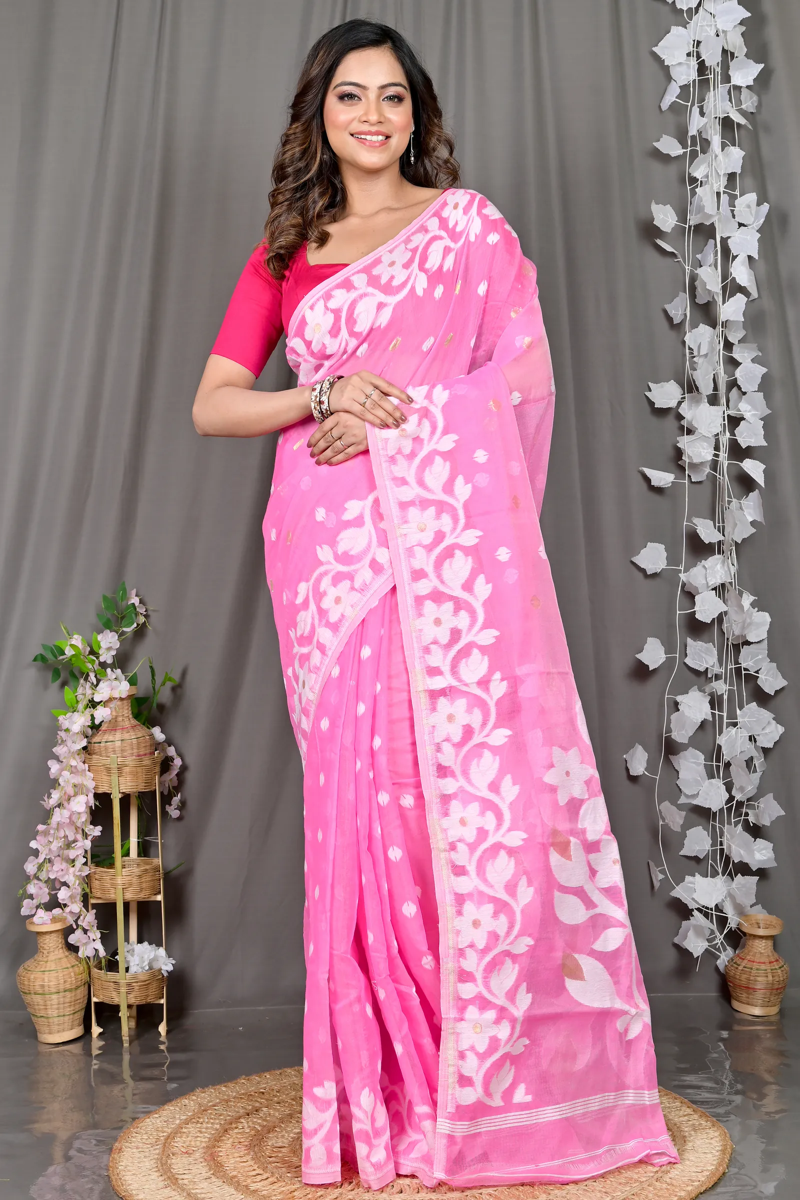 DipDiya Cotton Blended Pink Parinit Woven with Tradition Jamdani Sarees