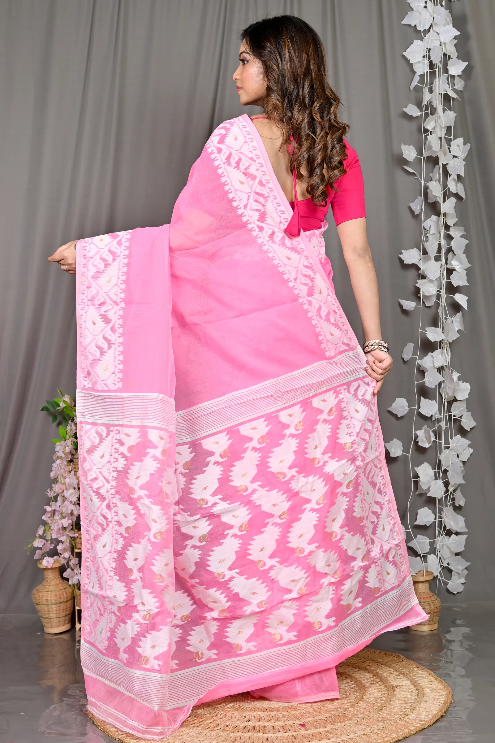 DipDiya Cotton Blended Pink White Parv Heritage You Can Wear Jamdani Sarees